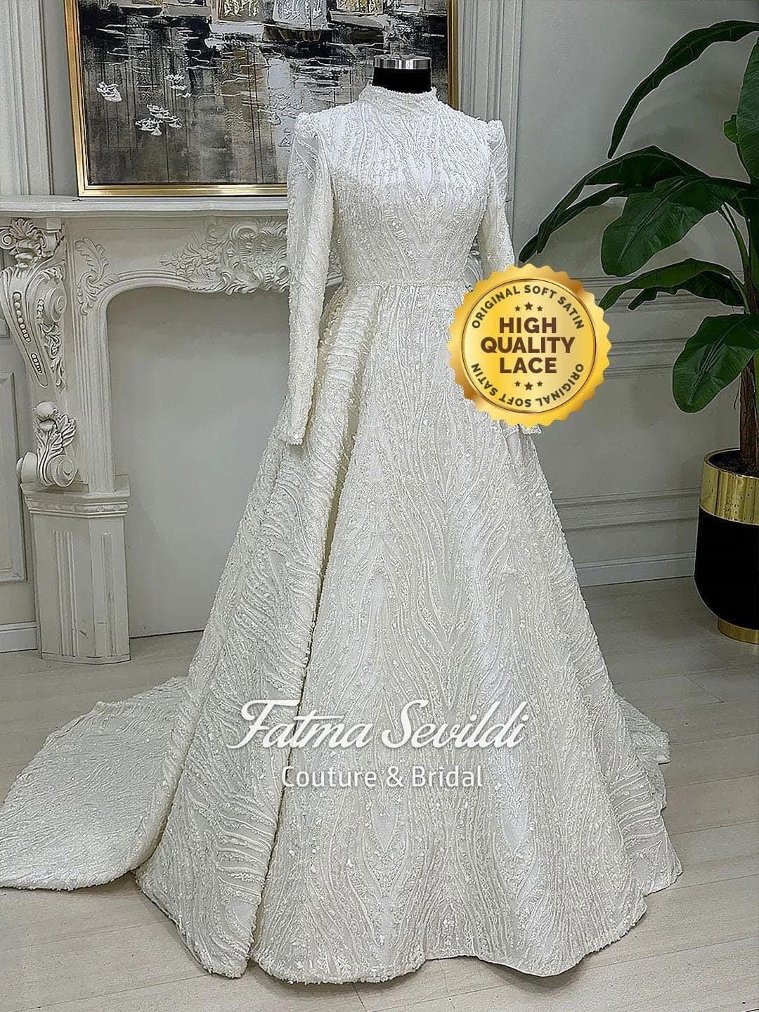 Modest Muslim Wedding Dress with Beaded Lace, High Neck Long Sleeve Hijab Gown