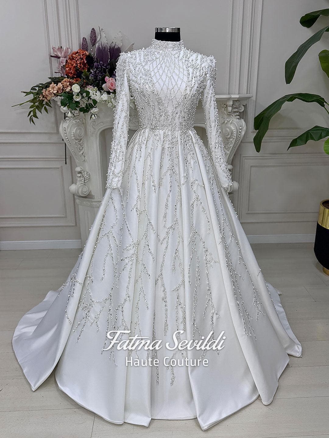 Muslim Wedding Dress with Hijab, Pearl Beaded Lace A-Line Gown, High Neck Long Sleeve
