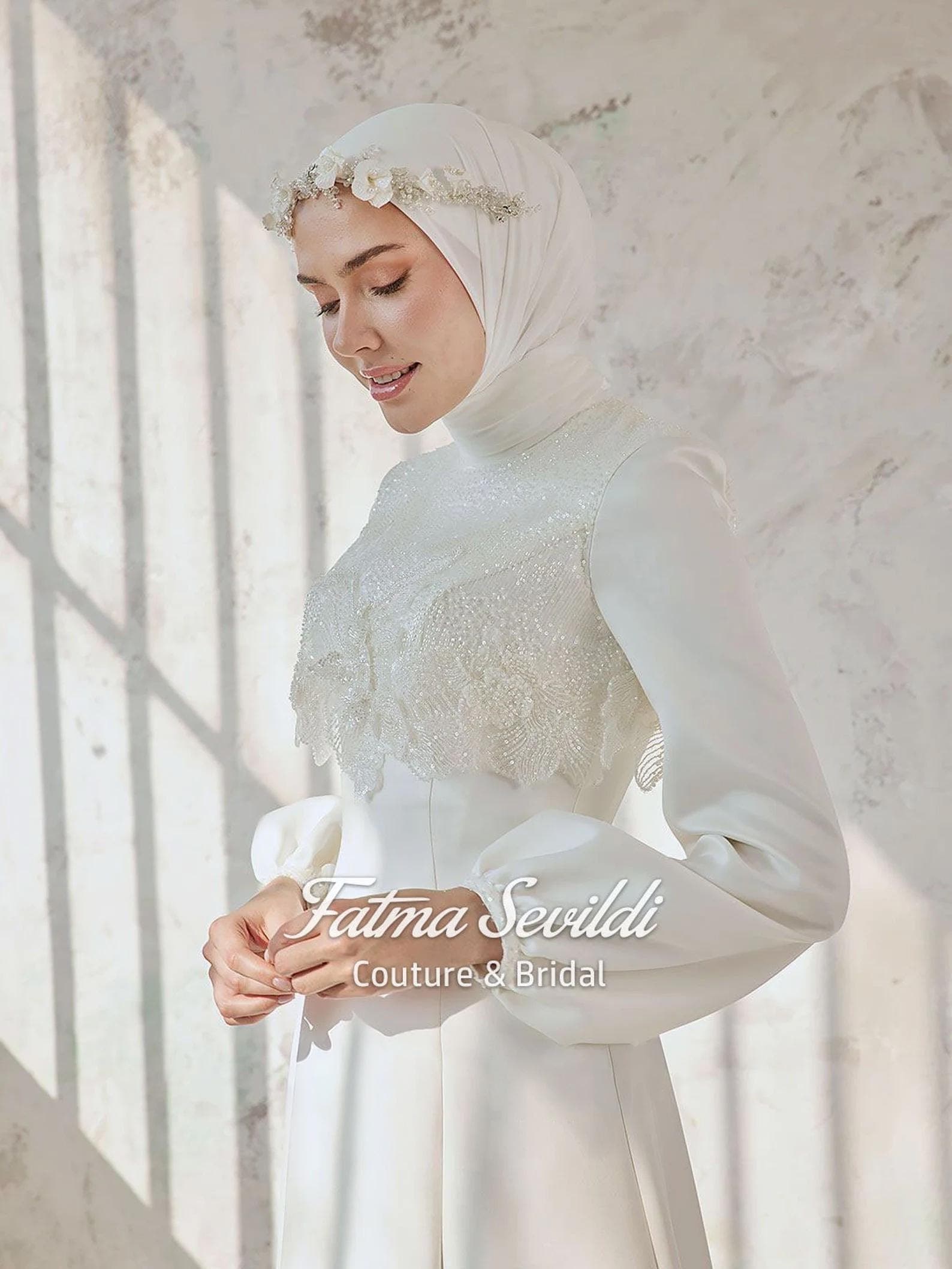 3D Beaded Lace Modest Wedding Dress, Long Sleeve High Neck Satin A-line