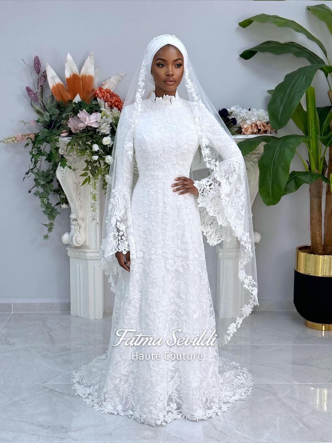 Muslim Wedding Dress with Hijab, High Neck Long Sleeve Beaded Lace A-Line Couture