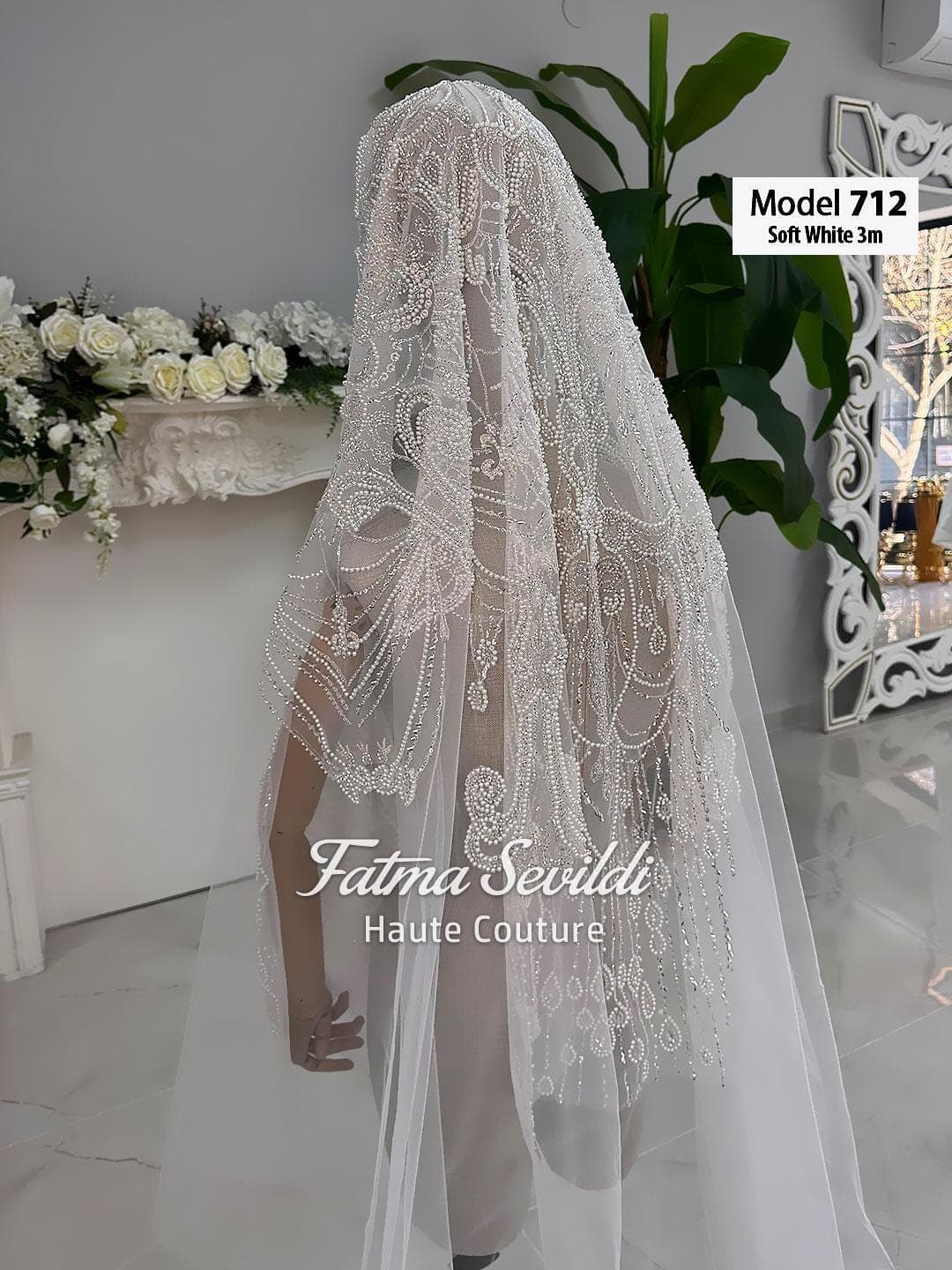 Lace edge cathedral wedding veil with hand-sewn beaded lace mantilla frame on soft premium tulle. Hijab-friendly option with optional hijab head set.
