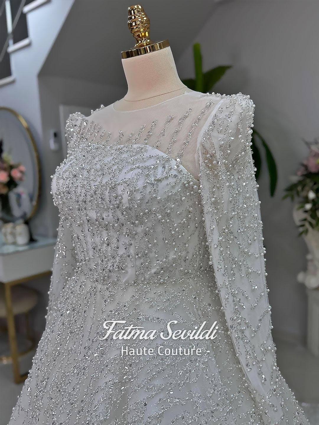Fatma Sevildi Haute Couture hijab wedding dress, modest bridal gown with long sleeves, lace and beaded details, custom made Muslim wedding dress