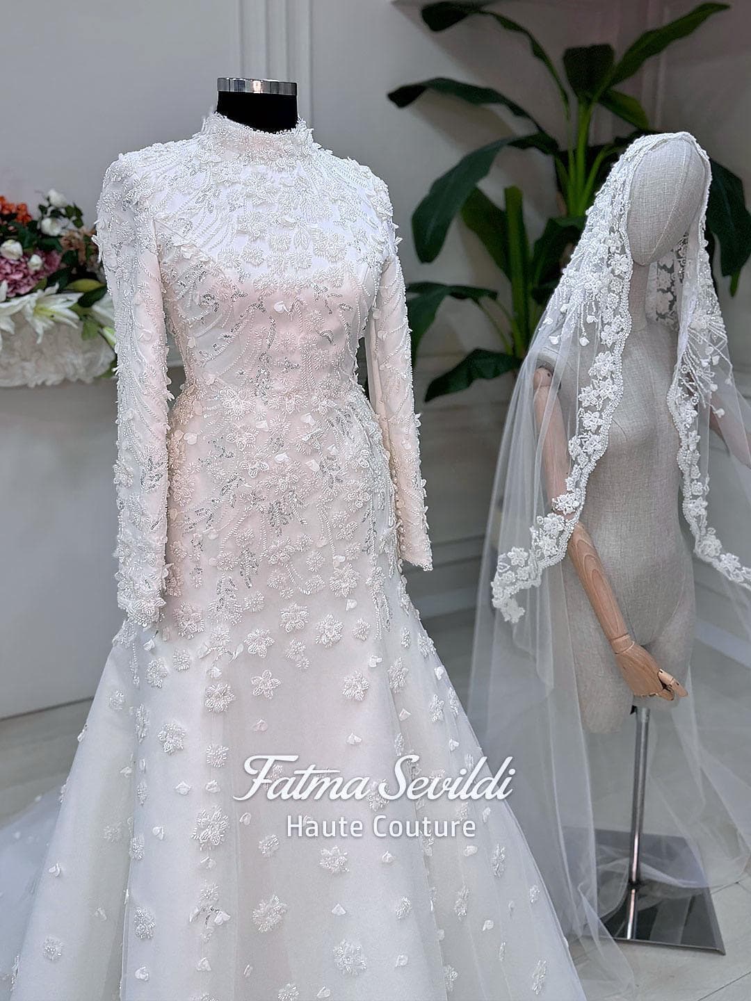 Muslim Wedding Dress with Hijab, Beaded Lace High Neck Long Sleeve Mermaid Modest Bridal