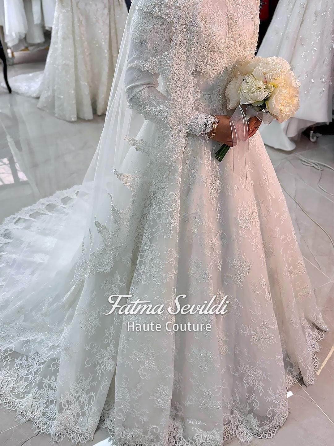 Modest Beaded Lace Corset Bodice, Muslim Wedding Dress with Hijab Capelet