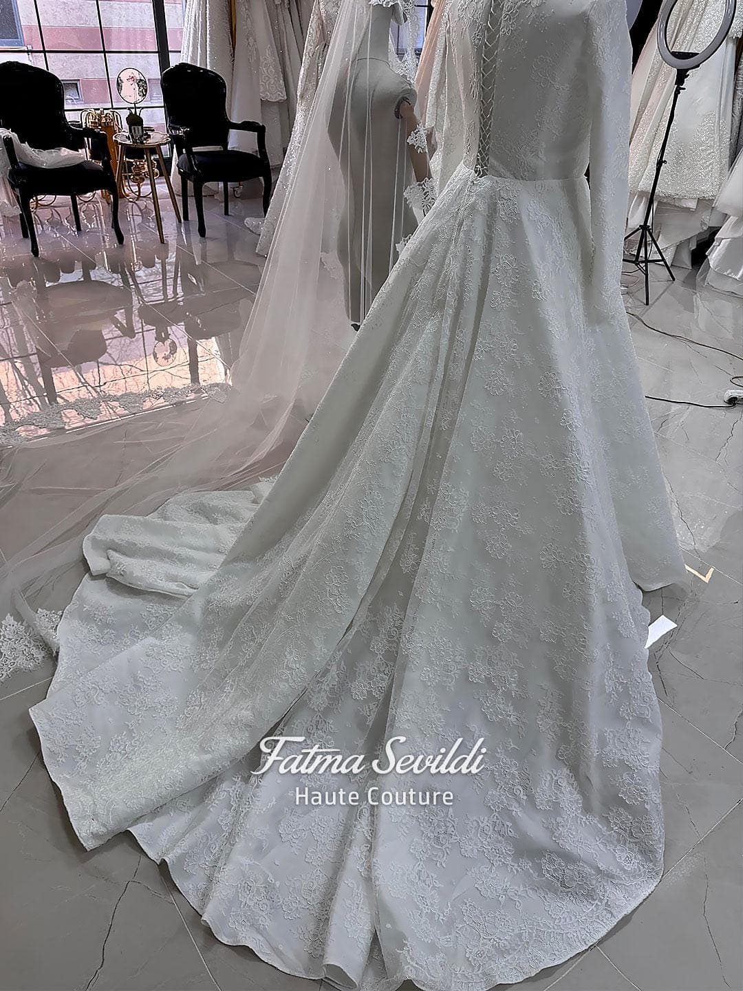 Elegant Lace Hijab Wedding Dress, High Neck Long Sleeve A-line Gown, Mantilla Veil - image 5