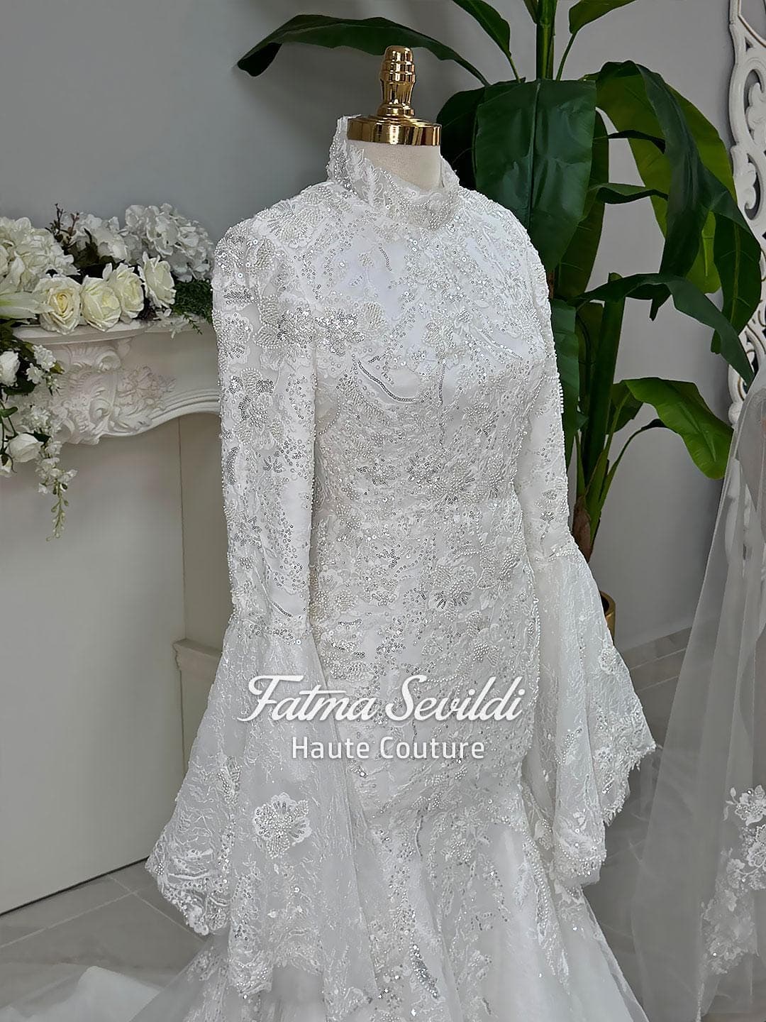 Modest Mermaid Wedding Dress, Beaded Lace High Neck, Long Sleeve Hijab Gown - image 4