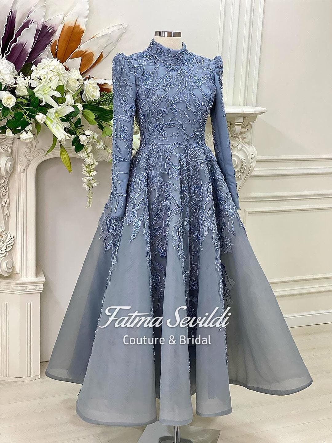 Modest Wedding Dress, Blue Beaded Lace Hijab Evening Gown High Neck Long Sleeve