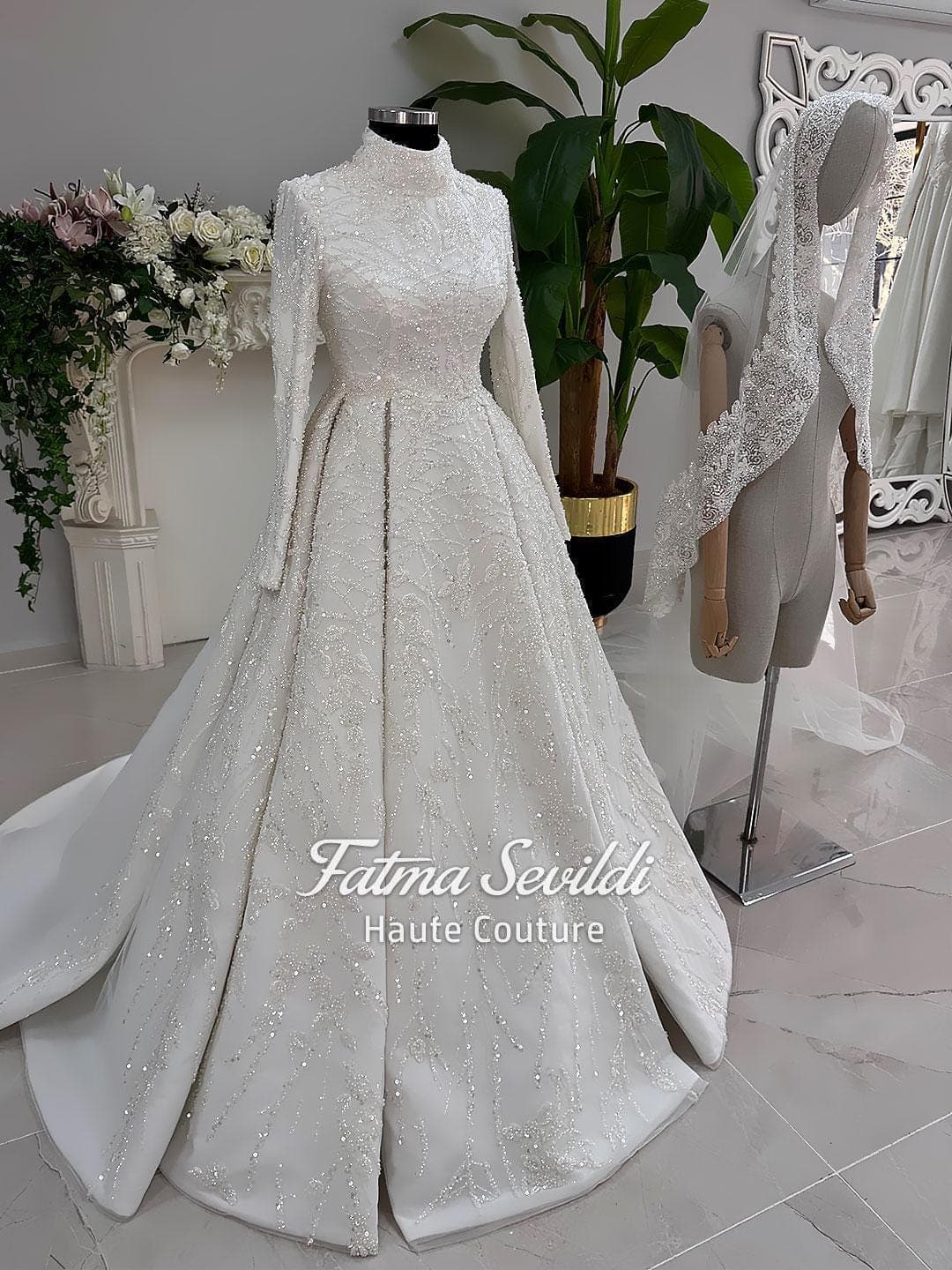 Muslim Wedding Dress with Hijab, Pearl Beaded Lace A-Line Gown, High Neck Long Sleeve