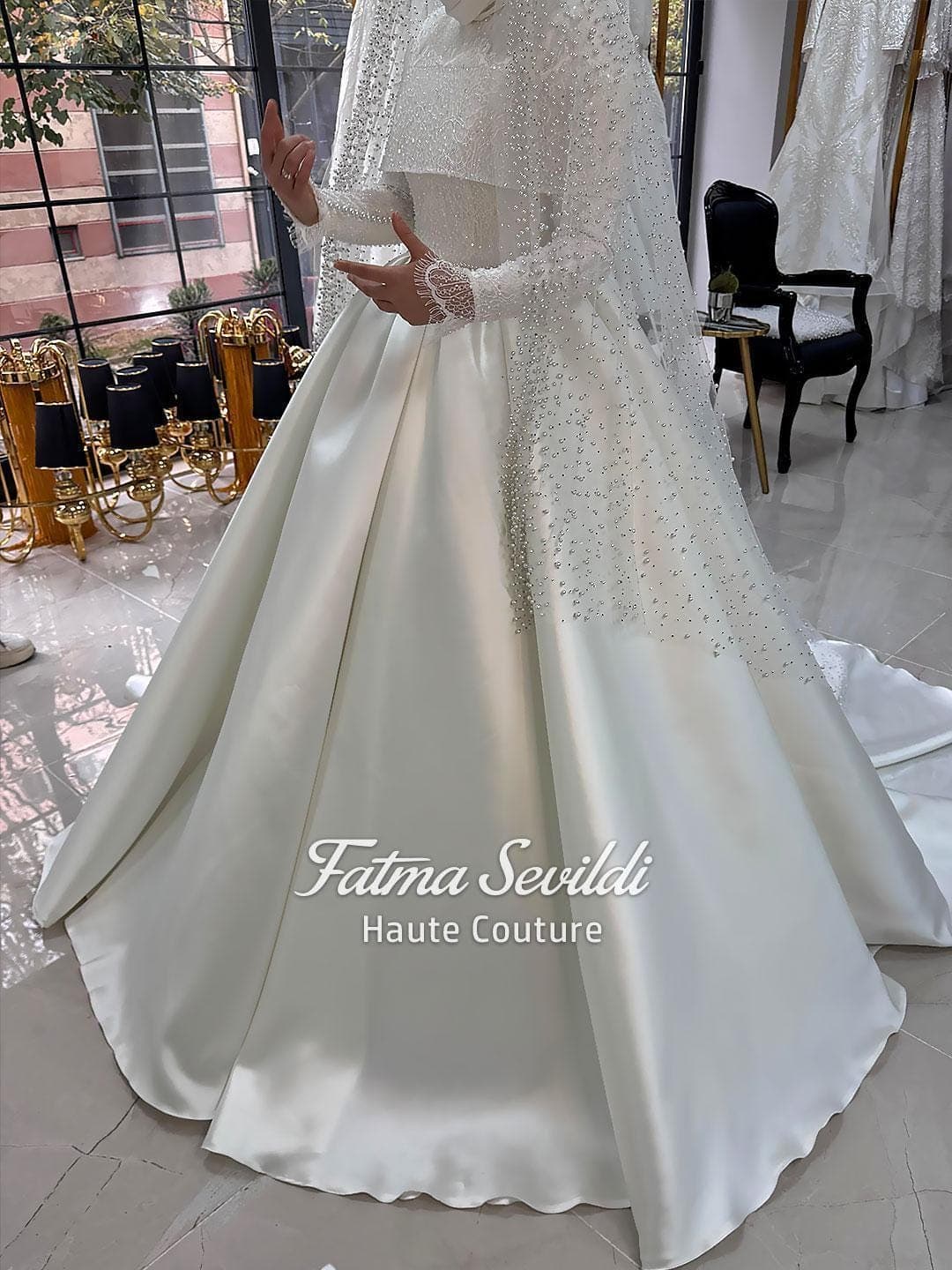 hijab wedding dress, modest wedding dress, veiled bridal gown, beaded lace gown, satin ballgown, high neck gown, long sleeve bride, couture bridal, lace veil included, pearl veil option, petticoat included, made to measure, custom modest dress