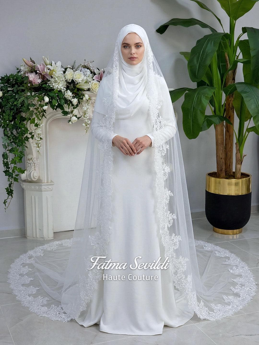 Hijab Wedding Veil Cathedral, Lace Edge Mantilla Style Long Tulle Bridal Veil