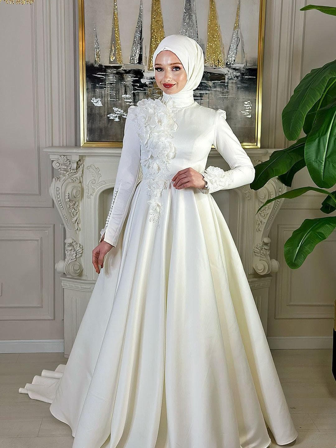 Satin Hijab Wedding Dress, Long Sleeve A-Line Modest Bridal Gown, Custom Made