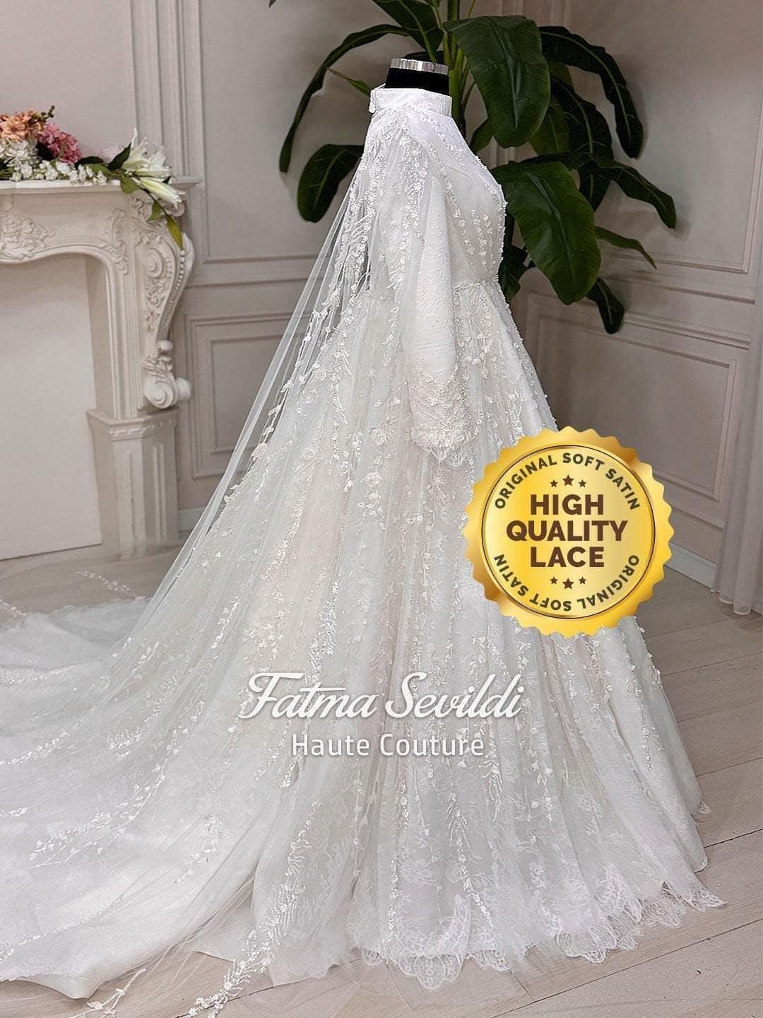 Veiled hijab wedding dress with floral lace, long sleeves and a modest A-line silhouette, handcrafted for a luxury muslim bridal look. Includes a matching premium lace veil for an elegant full-coverage finish.