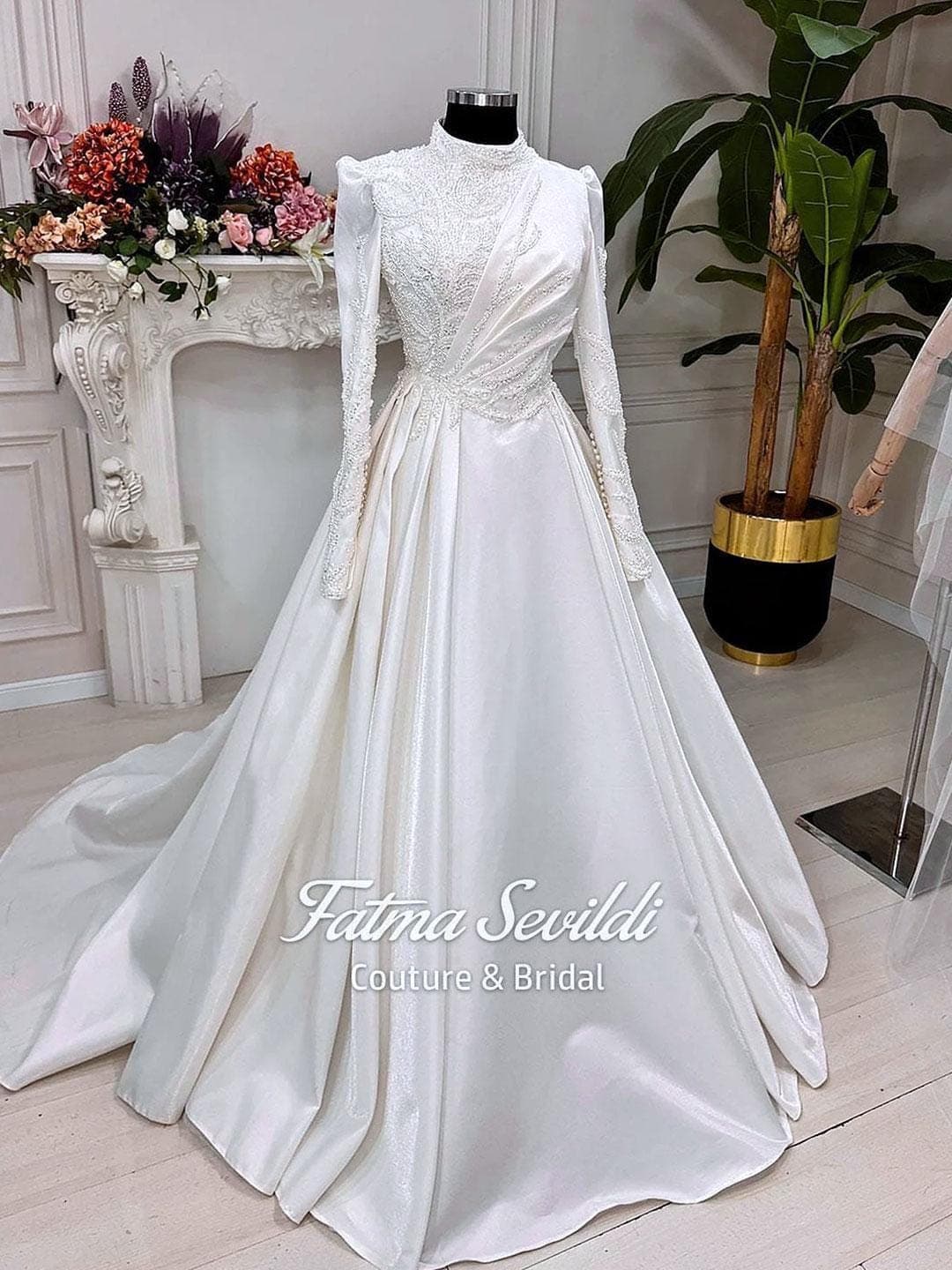 Muslim Wedding Dress with Hijab, Beaded Lace, High Neck Long Sleeve Bridal Gown