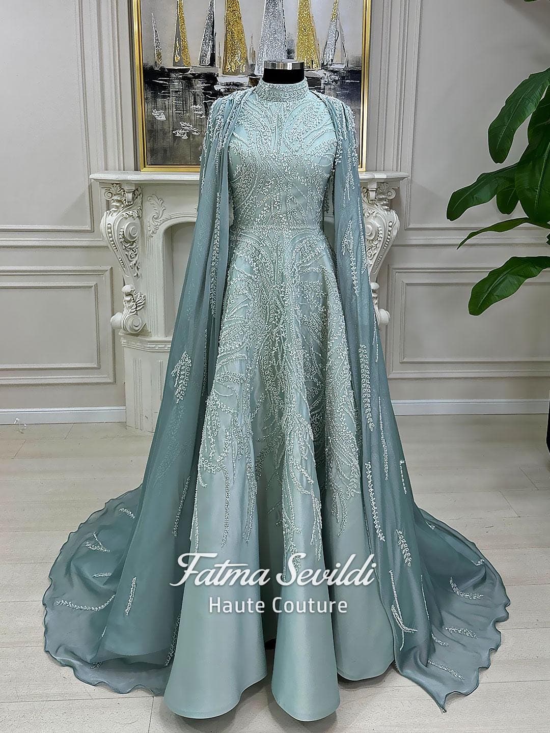 Caped Hijab Evening Gown, High Neck Long Sleeve Beaded Lace Modest Ballgown - image 5