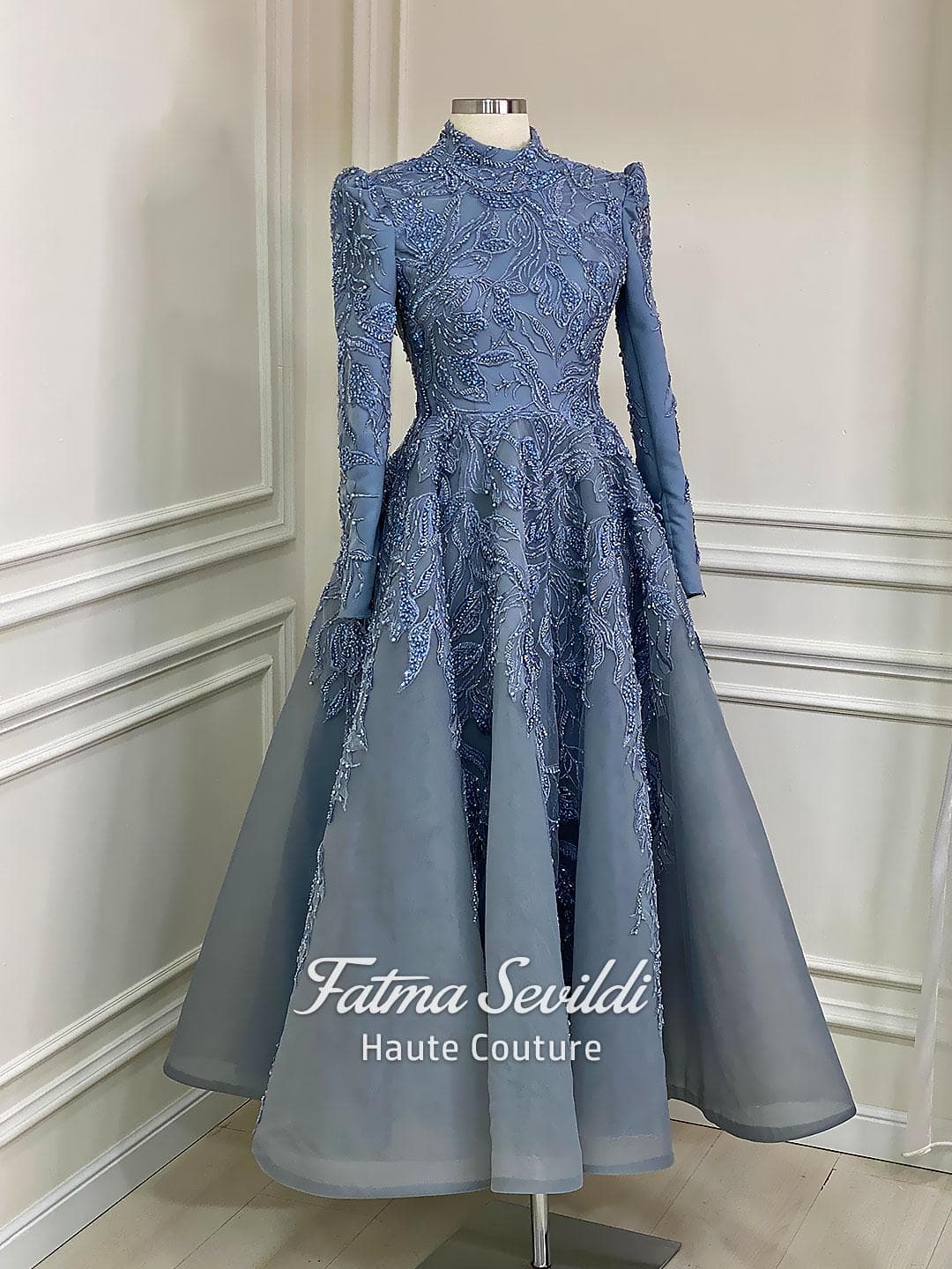 Modest Wedding Dress, Blue Beaded Lace Hijab Evening Gown High Neck Long Sleeve - image 5