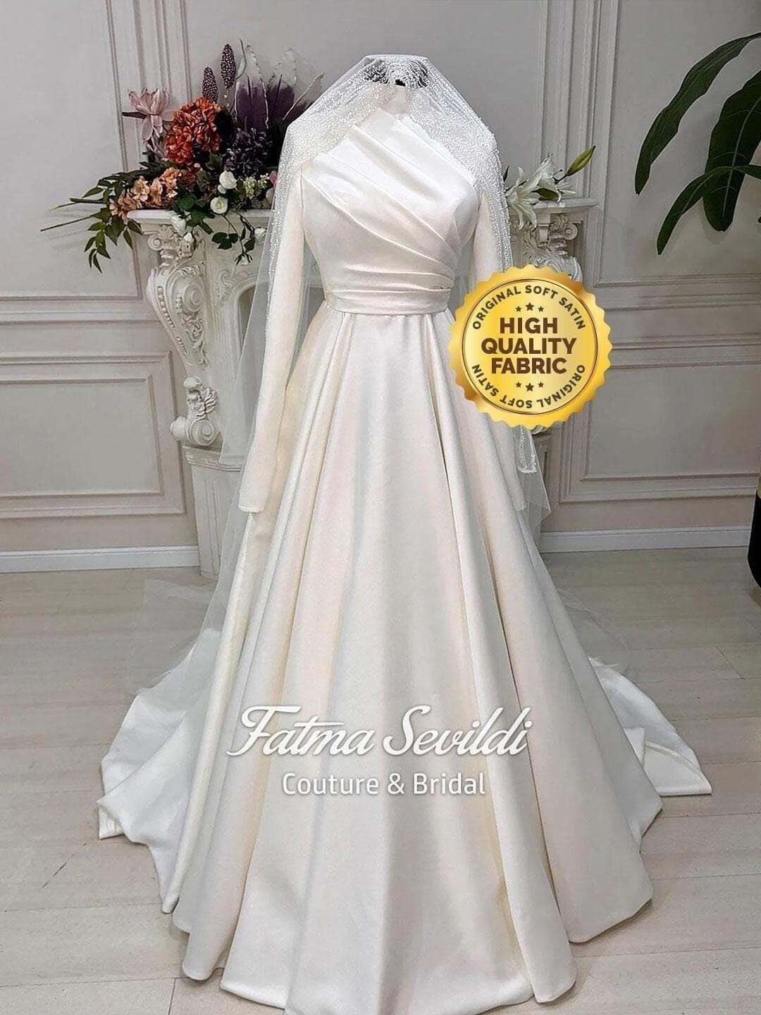 Hijab Wedding Dress, Satin High Neck Long Sleeve A-Line Modest Bridal Gown, Custom