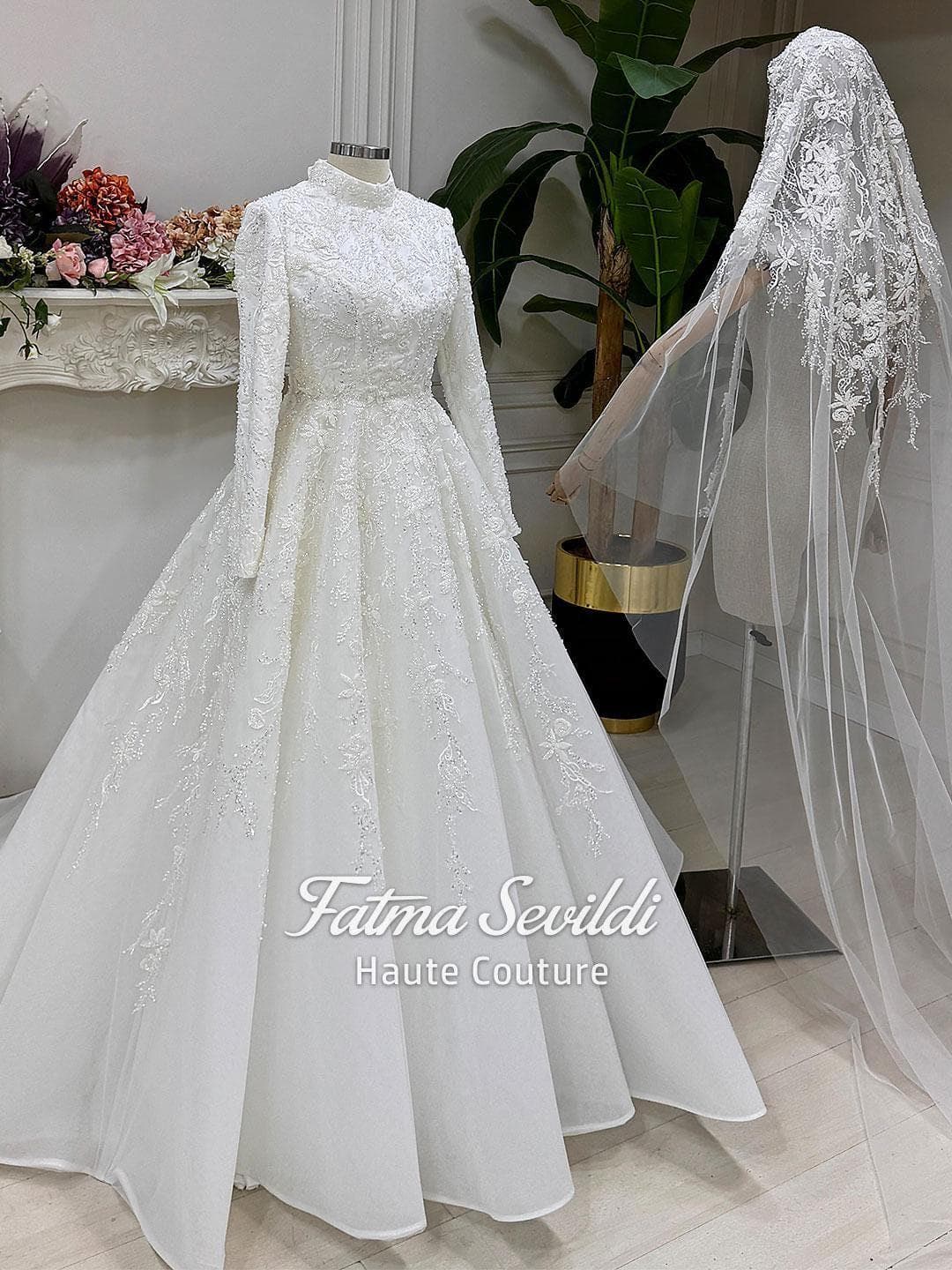 Muslim Wedding Dress with Hijab, High Neck Beaded Lace Long Sleeve Elegant Ballgown