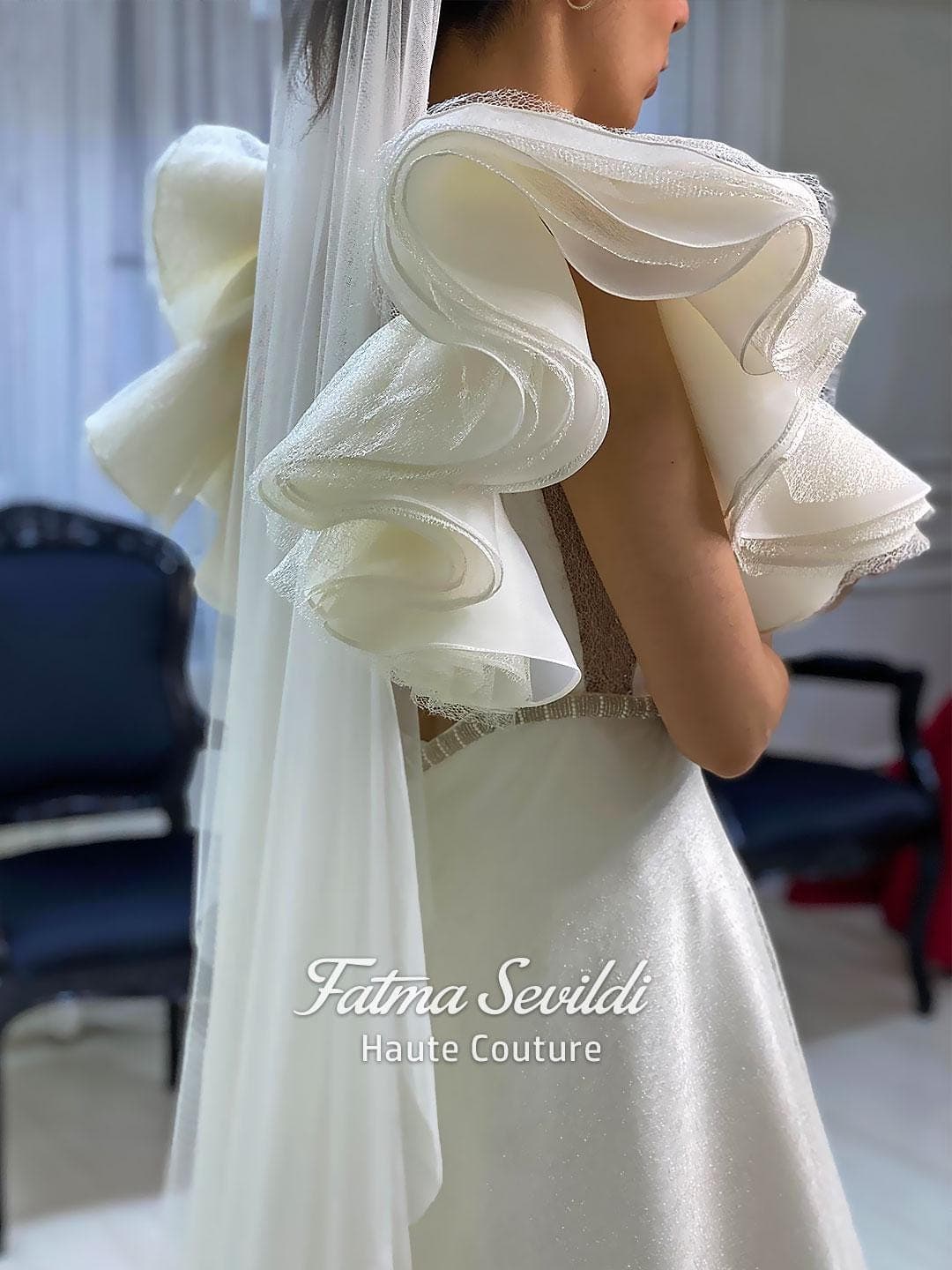 Romantic A-Line Wedding Dress, Ruffle Sleeves, Illusion V-Neck, Elegant Beaded Belt Couture