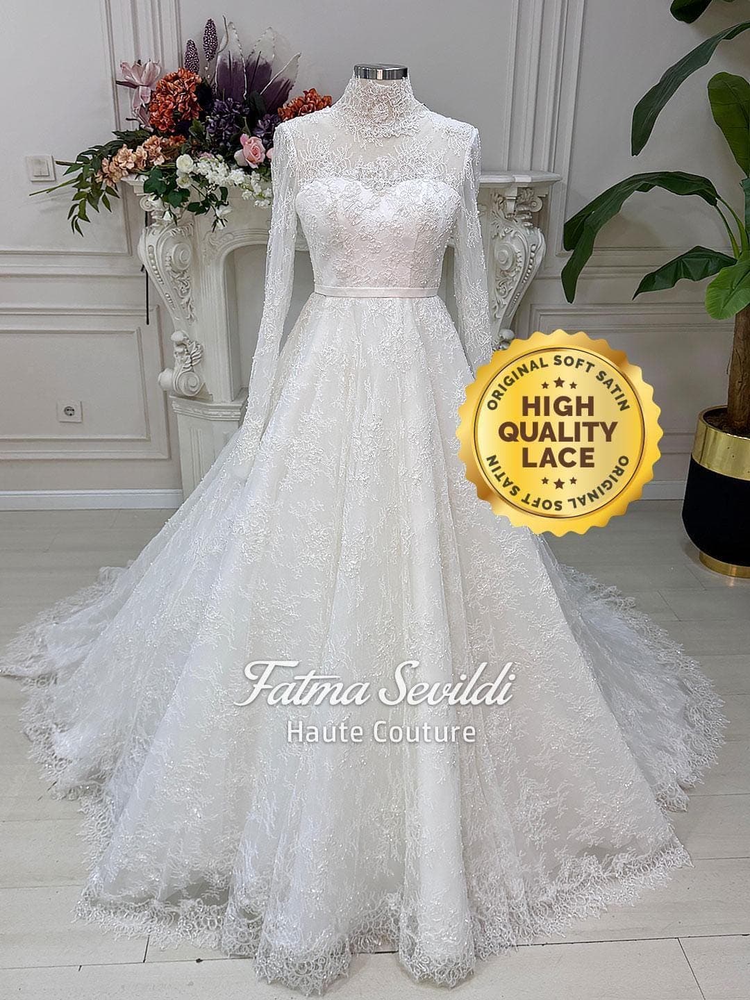 Modest Wedding Dress Set, Strapless Beaded Lace A-Line, Corset Back Couture