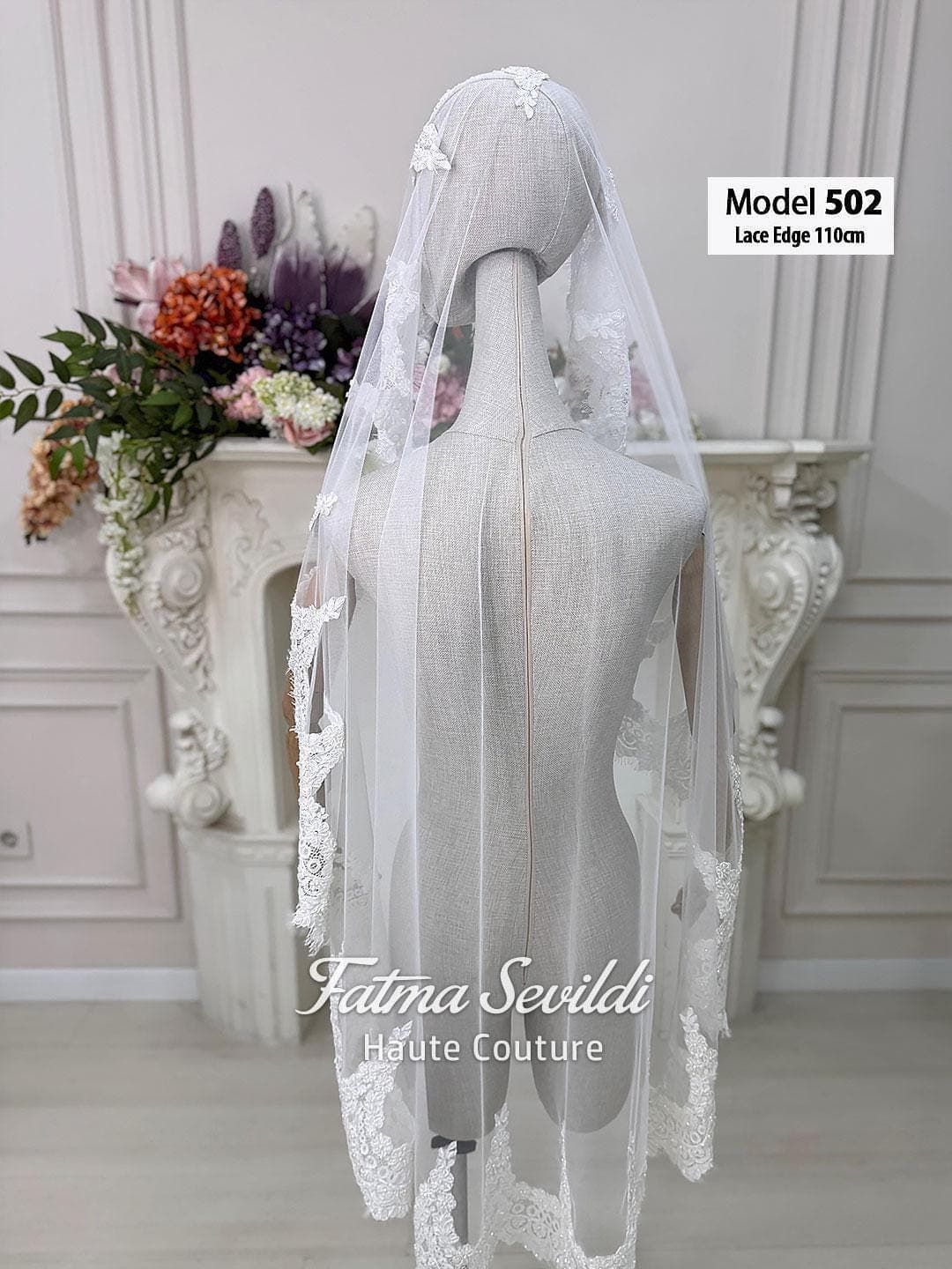 Beaded lace hijab wedding veil on soft premium tulle, modest bridal style from fingertip to waltz length. Optional hijab head set and comb choice available.