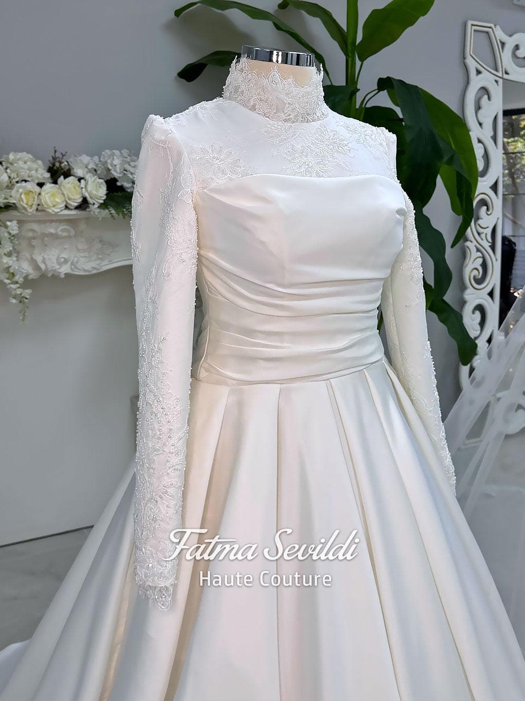 Muslim Wedding Dress with Hijab, Satin High Neck Long Sleeve A-Line Modest Bridal Gown - image 3