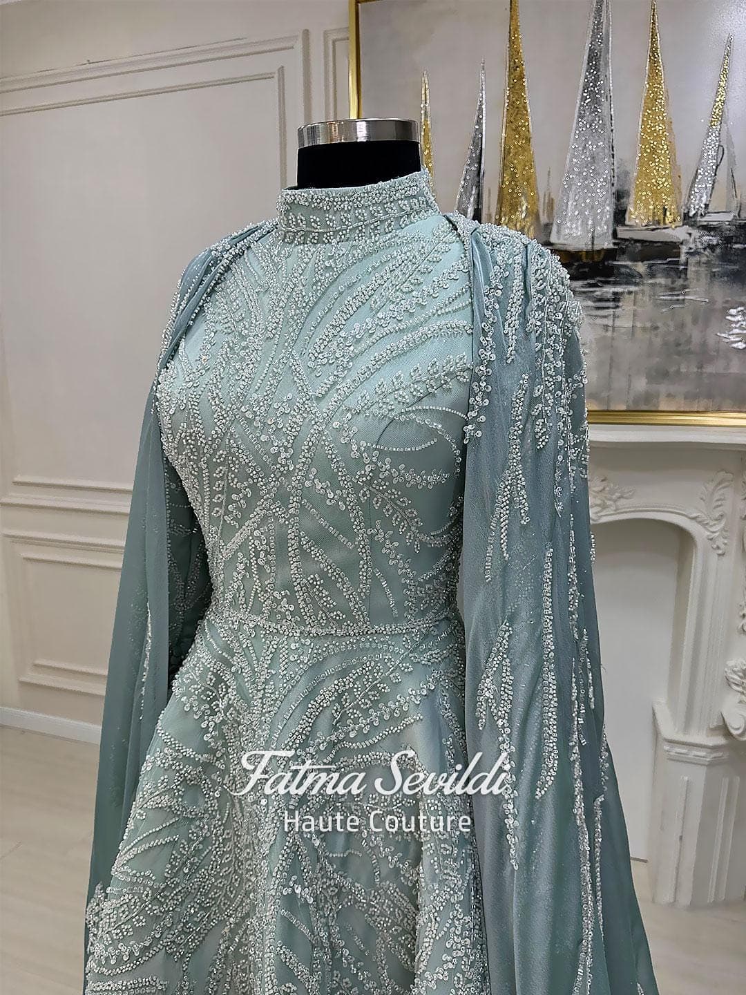 Caped Hijab Evening Gown, High Neck Long Sleeve Beaded Lace Modest Ballgown - image 4