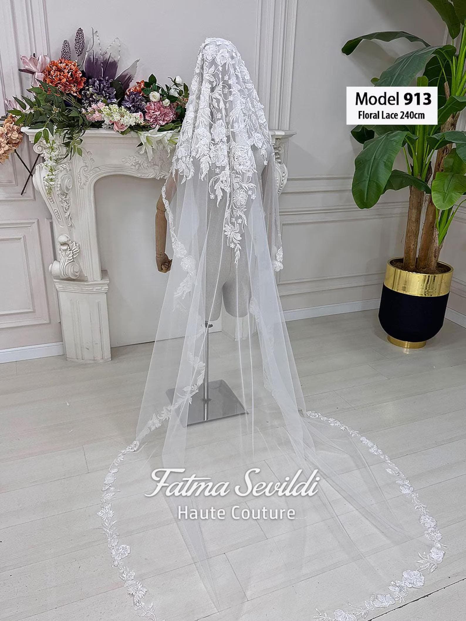Beaded lace edge cathedral wedding veil in luxury tulle with hand-sewn lace appliqué, hijab-friendly option. Elegant mantilla-inspired bridal veil for modest and classic wedding looks.