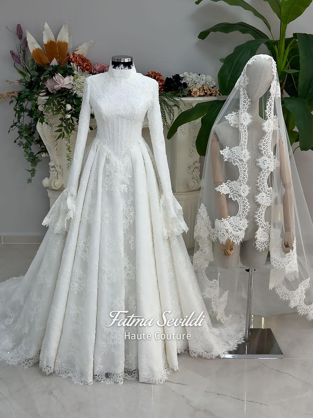 Luxury hijab wedding dress with A-line silhouette, beaded lace detailing and cathedral lace veil, modest long sleeve bridal gown for Muslim bride
