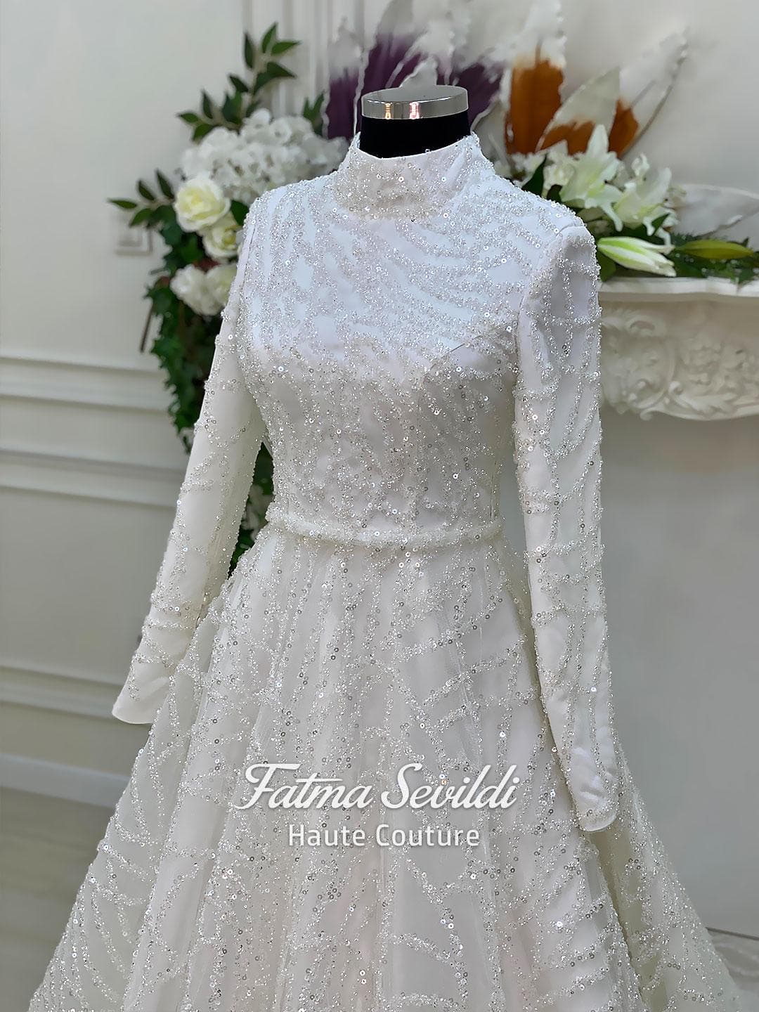 Veiled hijab wedding dress, full beaded lace ballgown, high neck long sleeve - image 5
