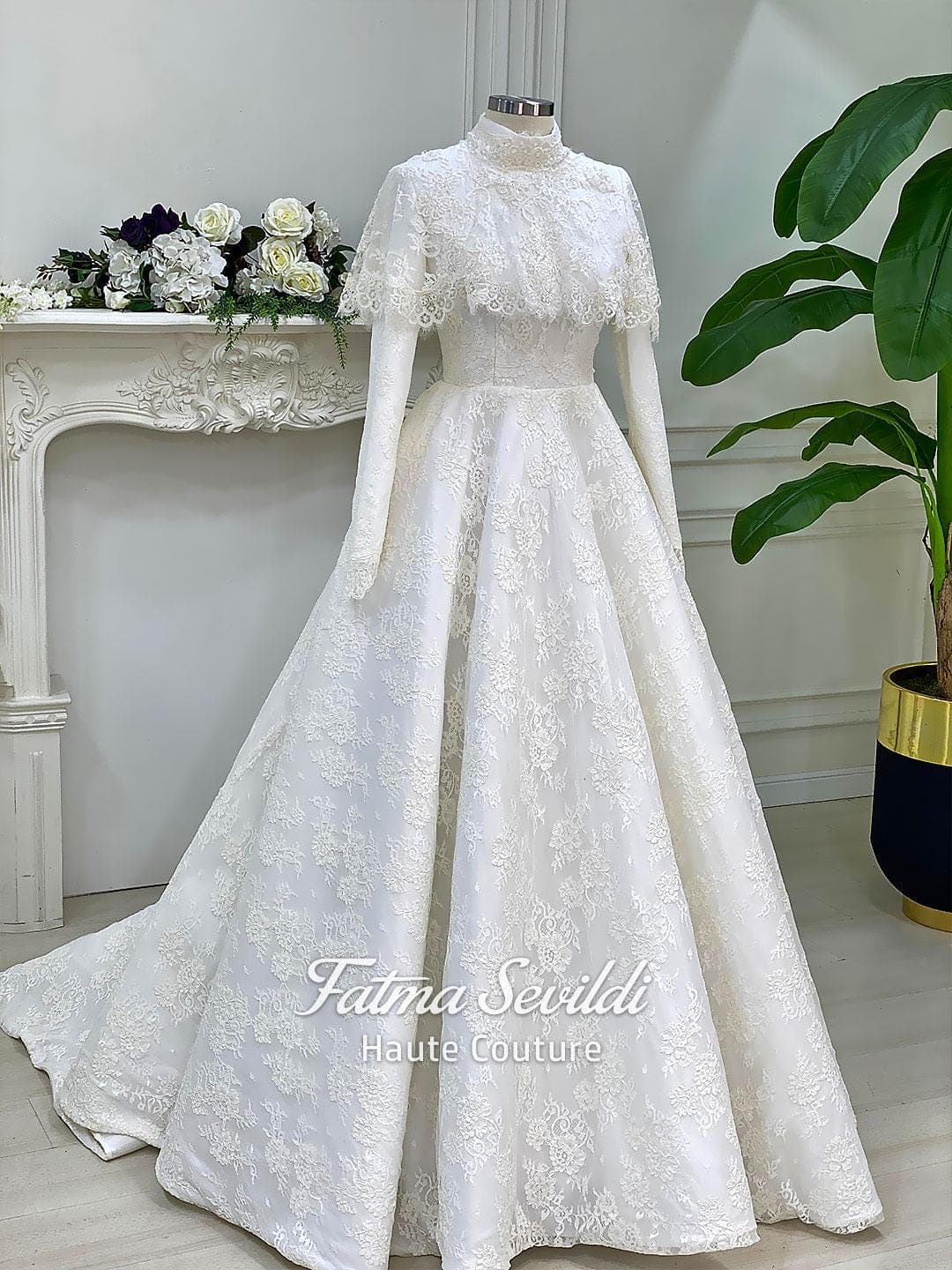 Luxury Hijab Wedding Dress, Veiled Lace Ball Gown, High Neck Long Sleeve Couture - image 3