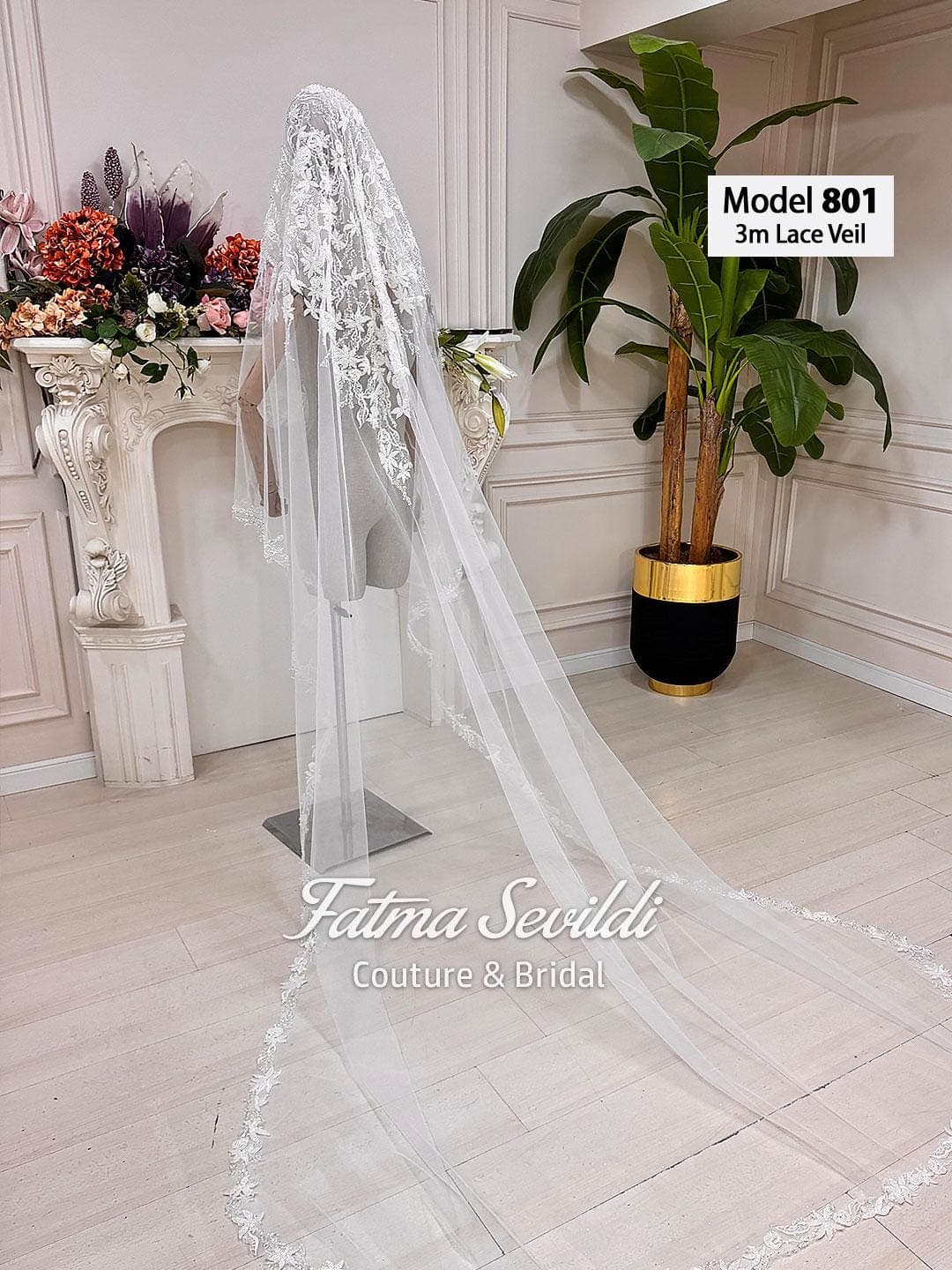 Veiled beaded lace-edge cathedral bridal veil on soft premium tulle, designed for hijab-friendly modest wedding styling. Hand-sewn lace motifs for a couture drape and elegant movement.