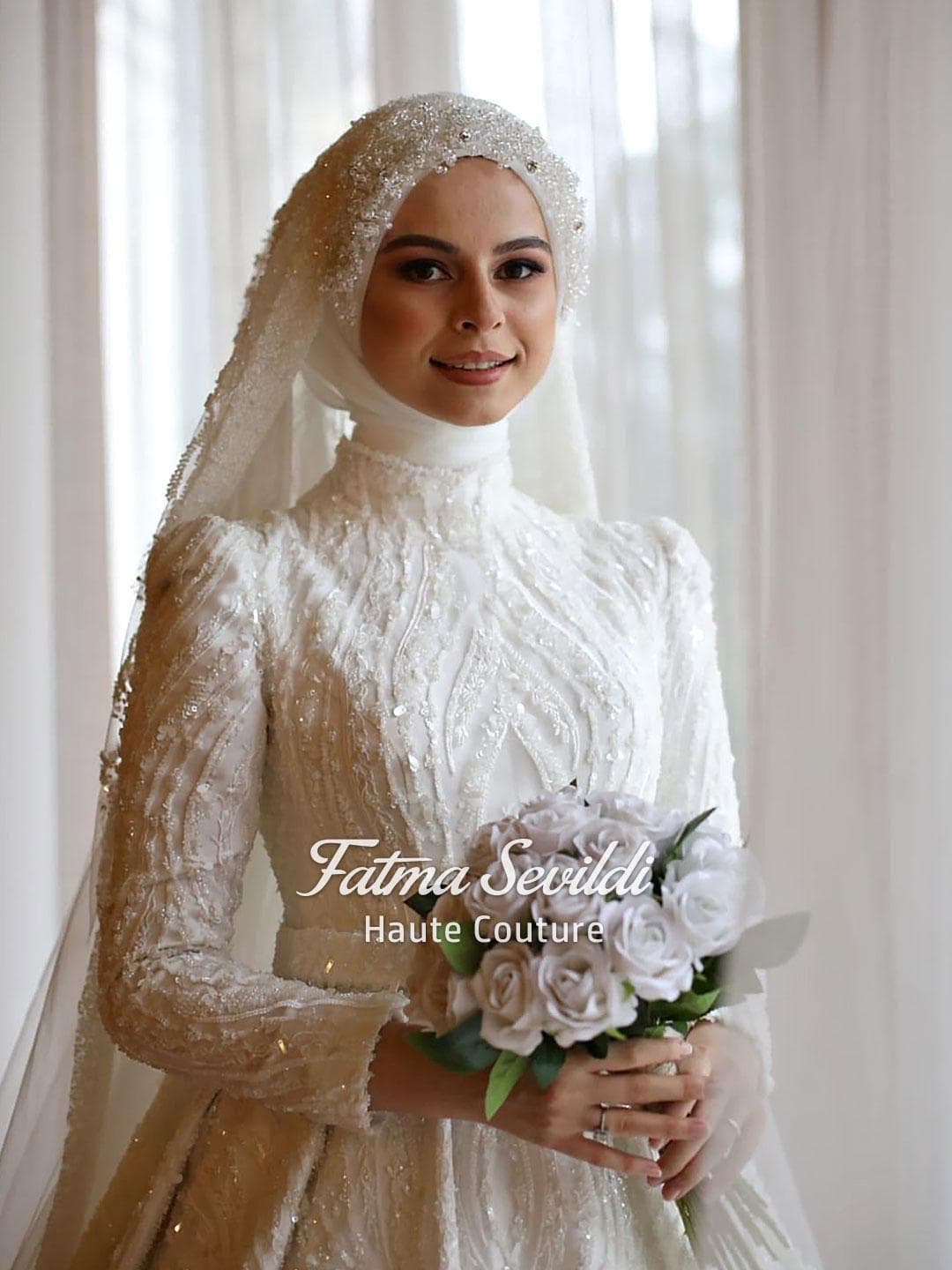 A Line Hijab Wedding Dress, Beaded Lace Modest Bridal Gown, Veiled