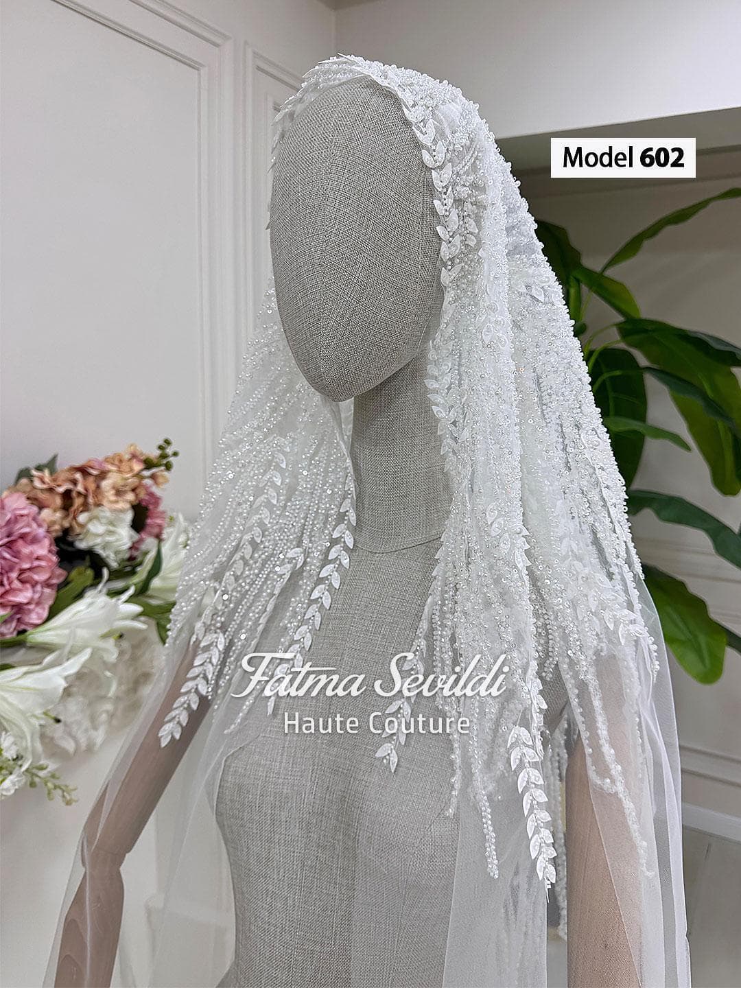 Cathedral beaded lace wedding veil on soft premium tulle with hand-sewn appliqué for a couture finish. Hijab-friendly modest option available with optional hijab head set.