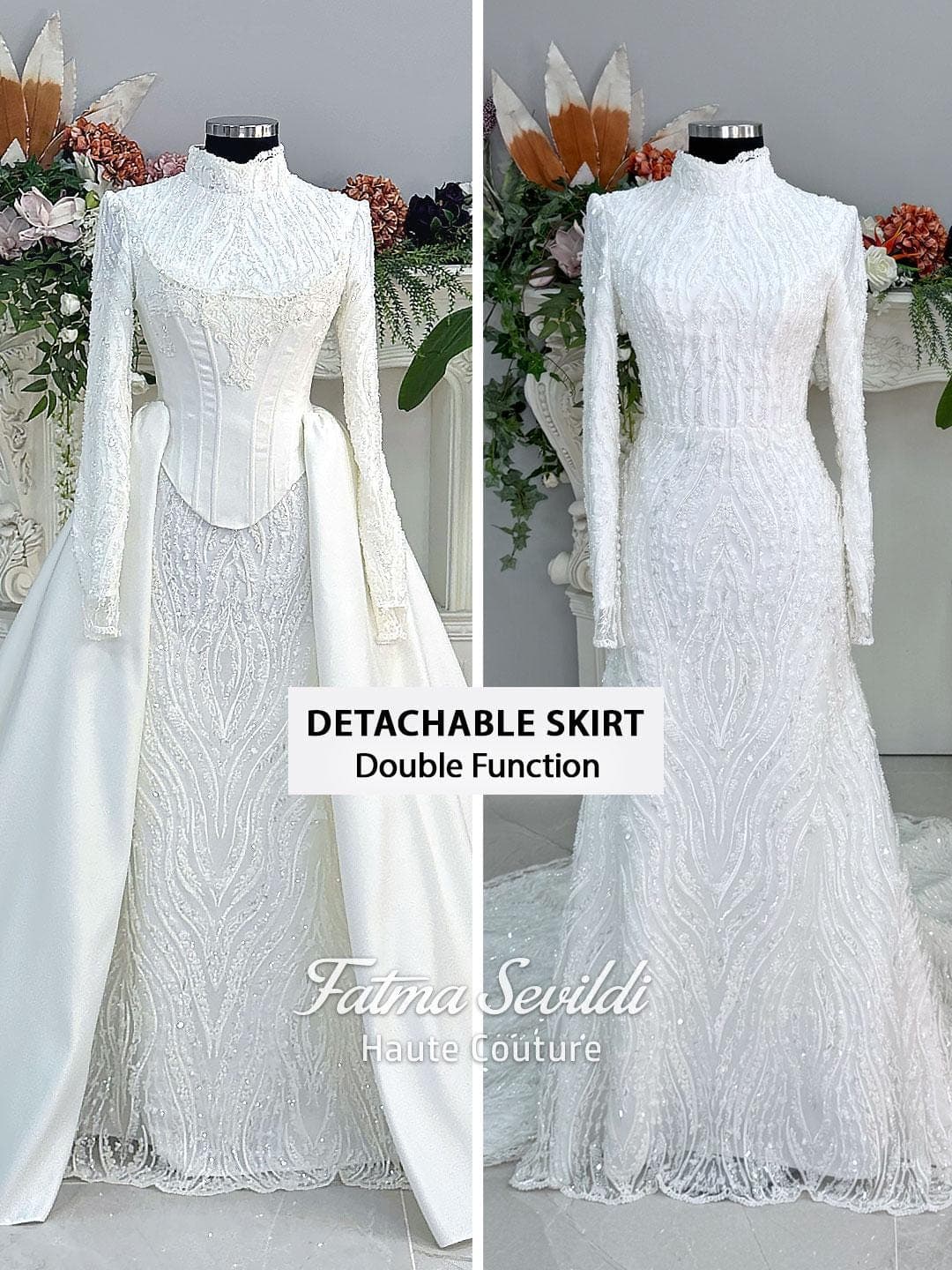 Luxury hijab wedding dress with long sleeves, high neck, beaded lace mermaid silhouette and detachable overskirt, veiled bridal set. Handmade couture modest bridal gown with lace-up corset back and sparkling embroidery.