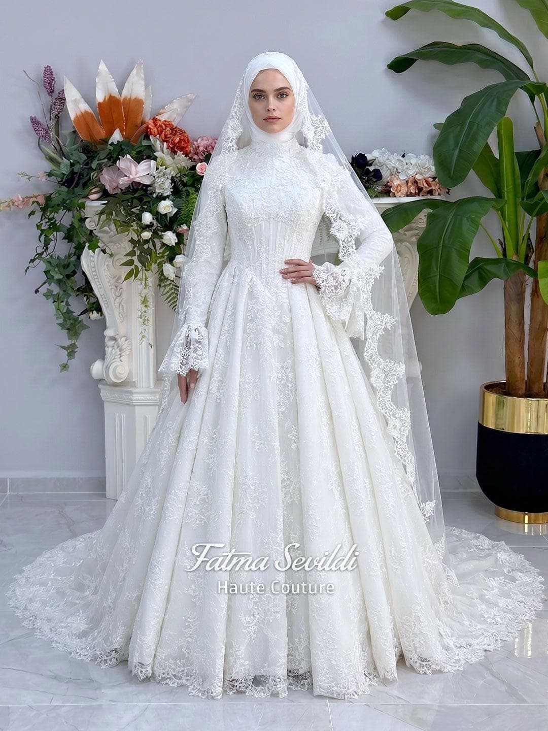 Hijab Basque Wedding Dress, A Line Beaded Lace Bridal Gown, Veiled Long Sleeve