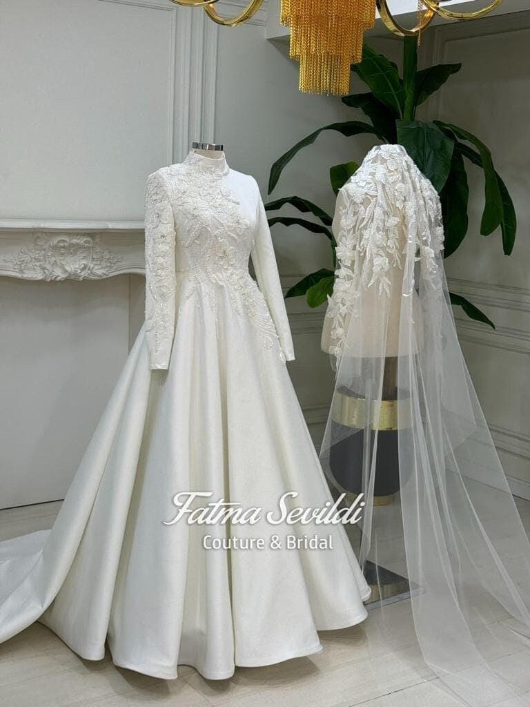 Muslim Wedding Dress with Hijab, Satin Ballgown High Neck Long Sleeve, Custom Made