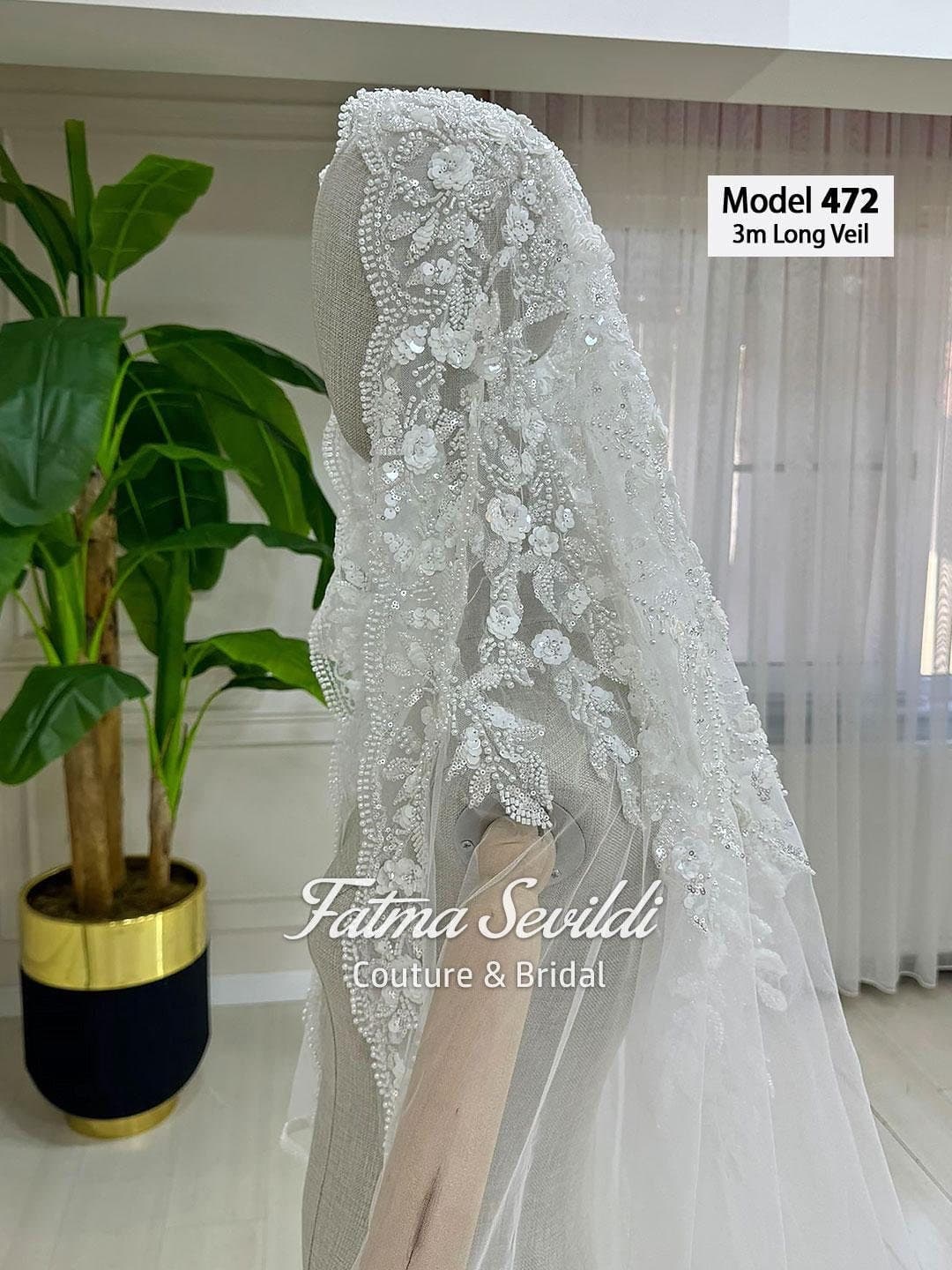 Beaded lace cathedral wedding veil with mantilla edge on soft premium tulle, hand-sewn appliqué for a couture finish. Hijab-friendly option available with optional hijab set.