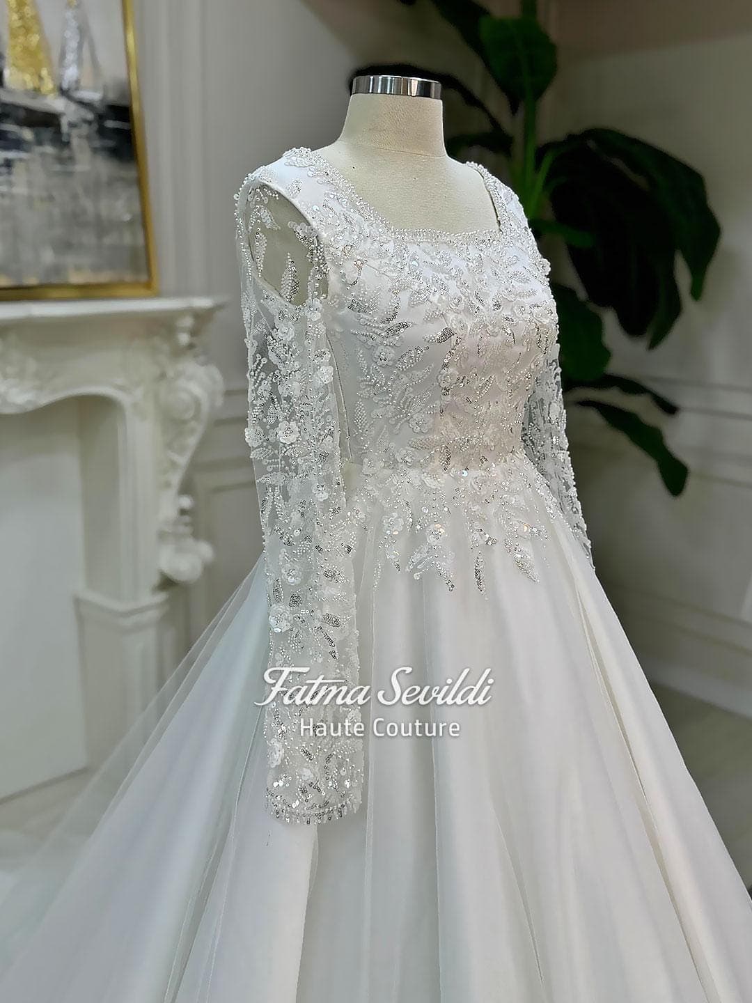 A Line Lace Wedding Dress, Square Neck Bridal Gown, Long Sleeves, Veiled - image 5