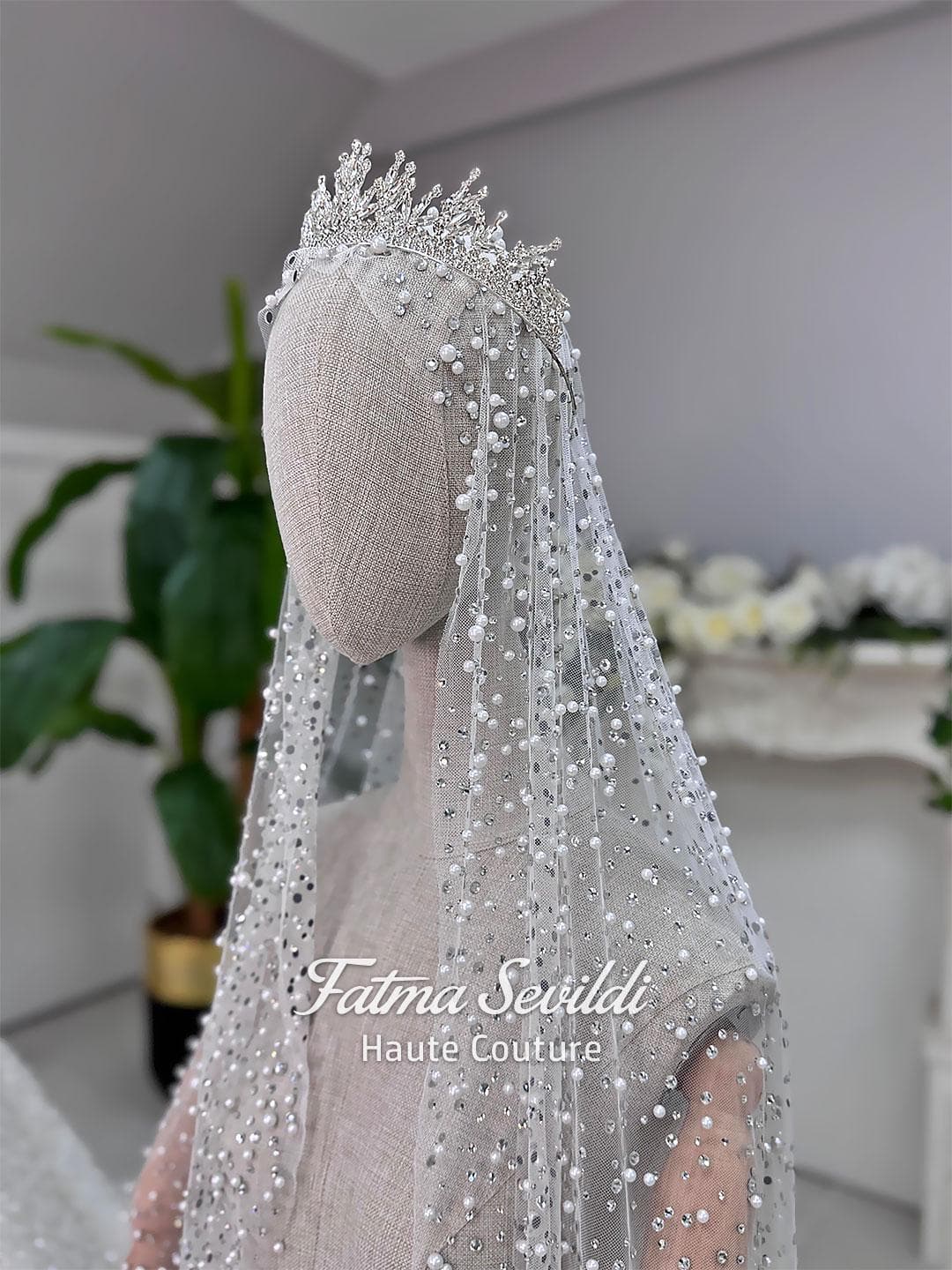 Modest Wedding Veil, Pearl & Silver Beaded Tulle Veil, Hijab Bridal Style, Waltz Length