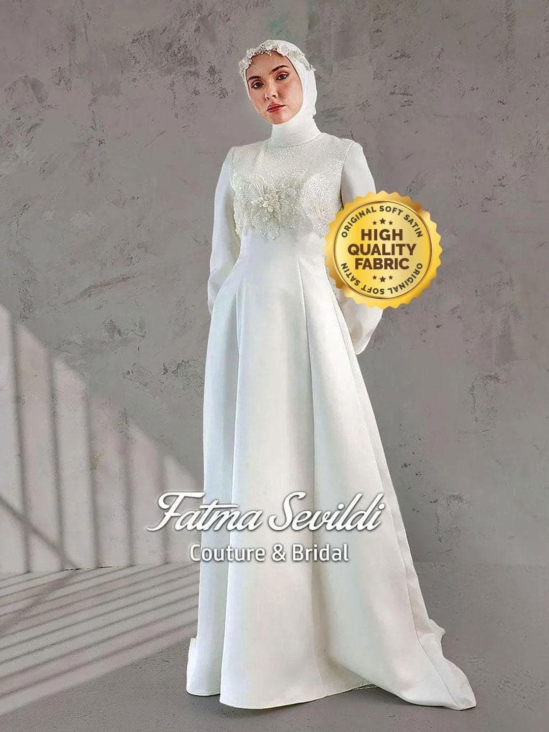 3D Beaded Lace Modest Wedding Dress, Long Sleeve High Neck Satin A-line