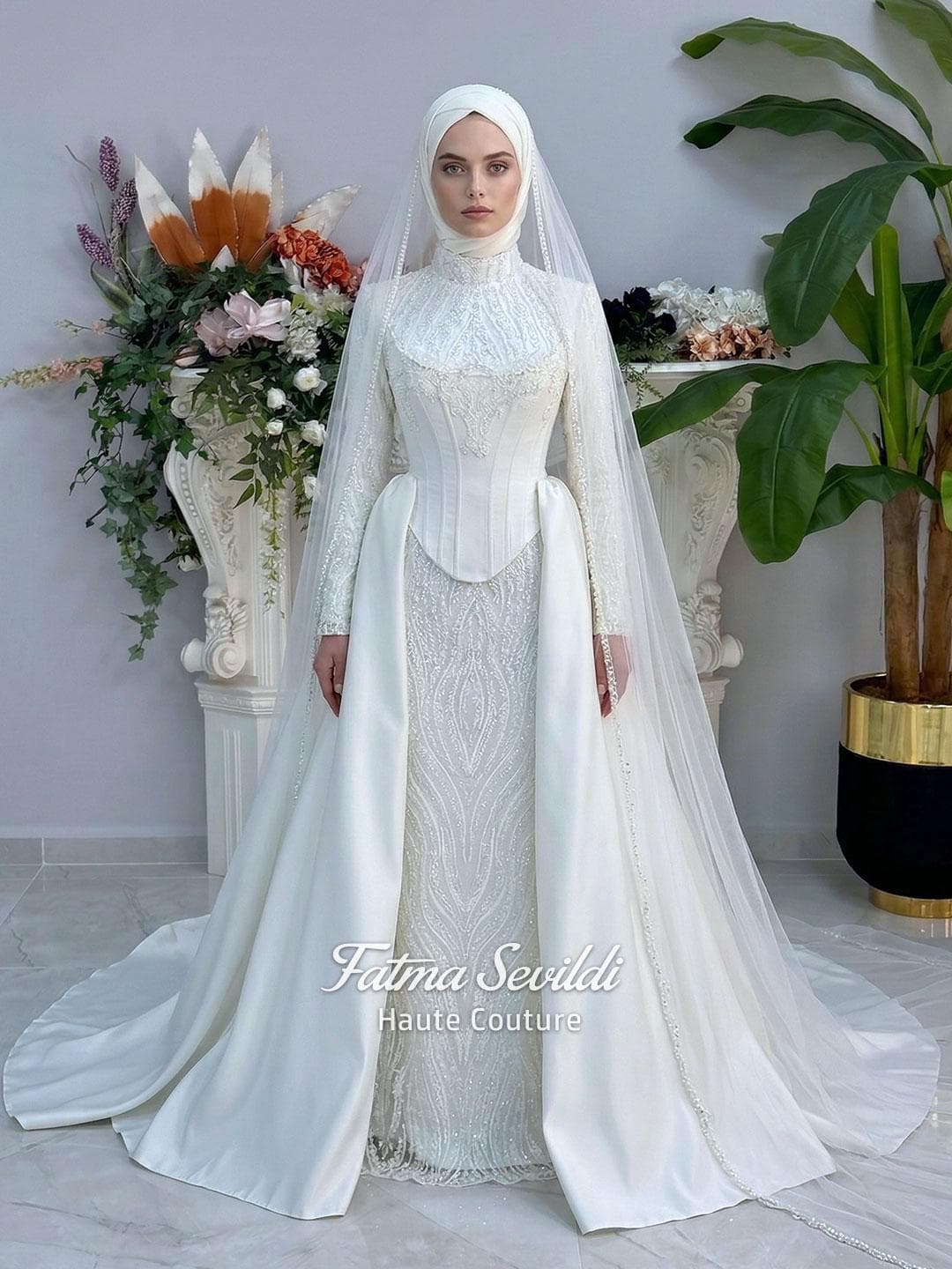Basque Wedding Dress Mermaid with Detachable Skirt, Long Sleeve High Neck, Veiled Hijab Couture