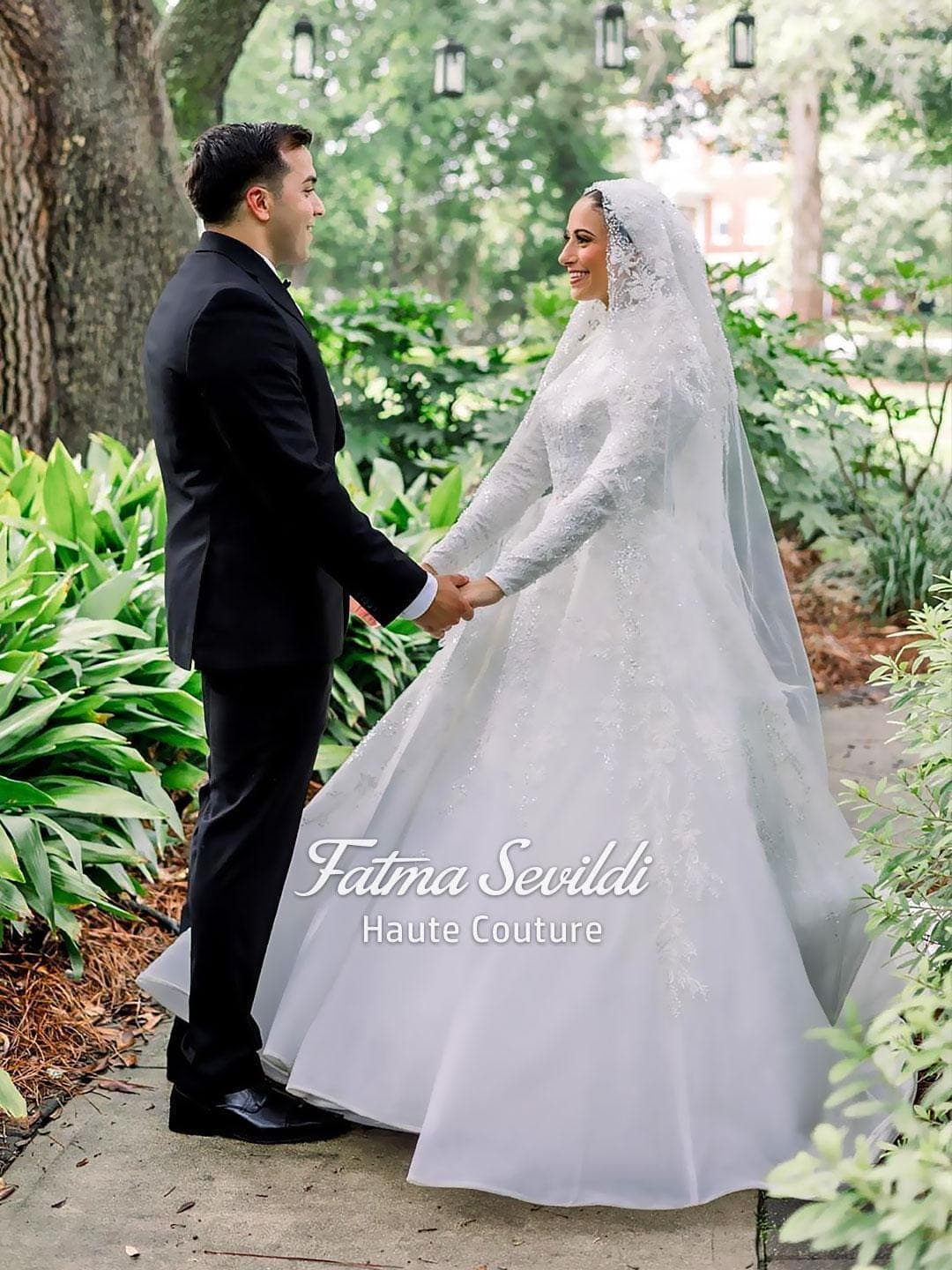 Fatma Sevildi Haute Couture hijab wedding dress, modest bridal gown with long sleeves, lace and beaded details, custom made Muslim wedding dress