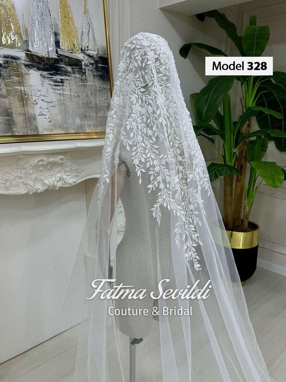 Beaded lace edge cathedral wedding veil in mantilla style on soft premium tulle with hand-sewn appliqué. Hijab-friendly option available, choose 2m or 3m length.