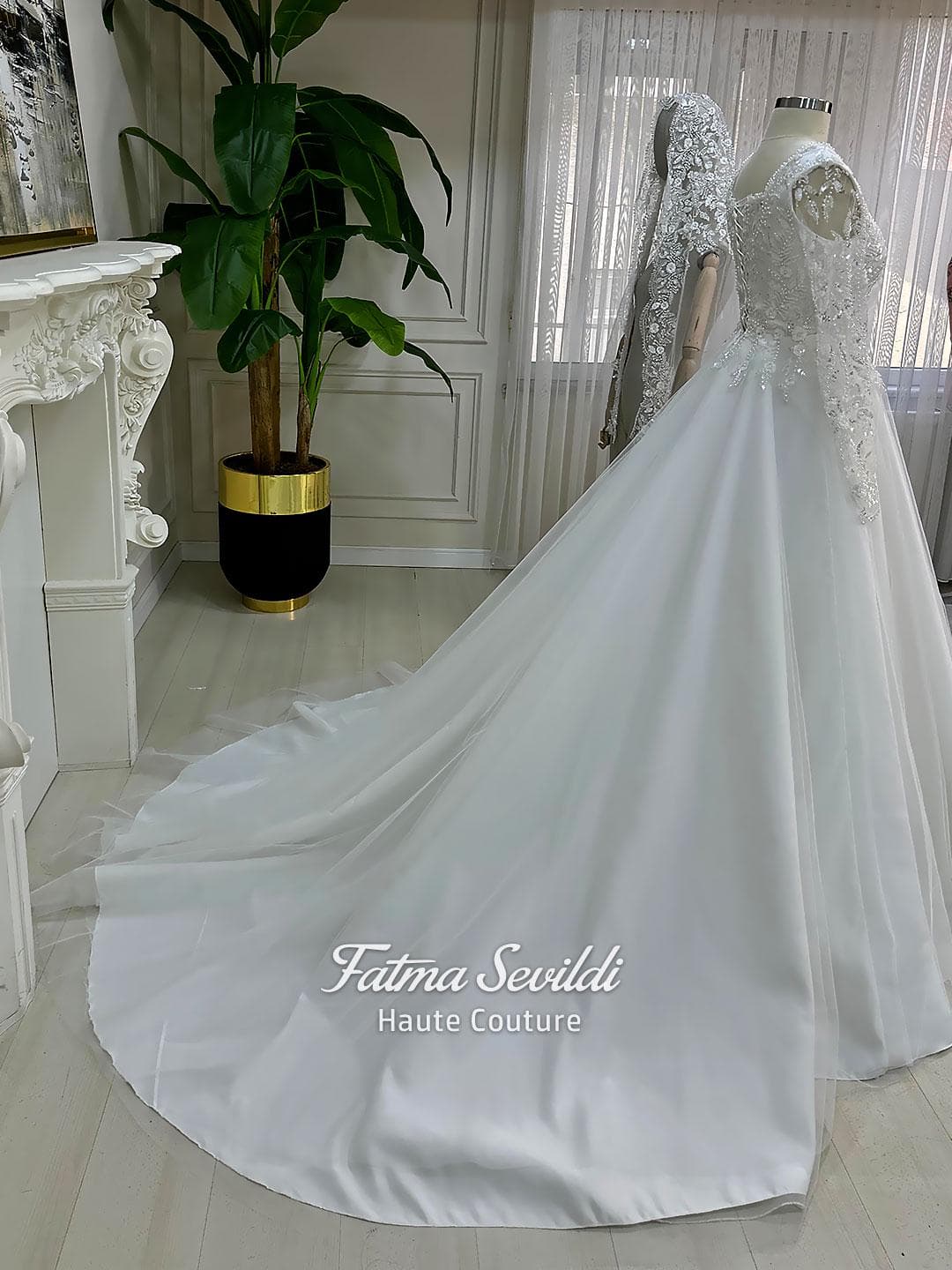 A Line Lace Wedding Dress, Square Neck Bridal Gown, Long Sleeves, Veiled - image 4