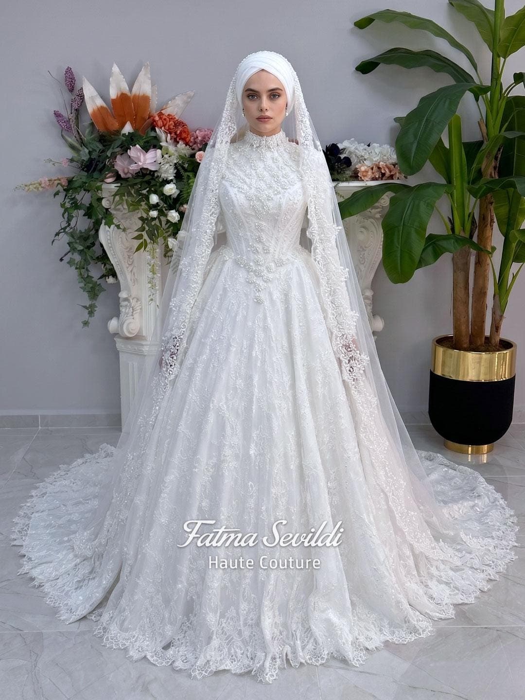 Luxury Modest Ballgown, Hijab Basque Wedding Dress, Long Sleeve High Neck, Veiled Dress - image 3