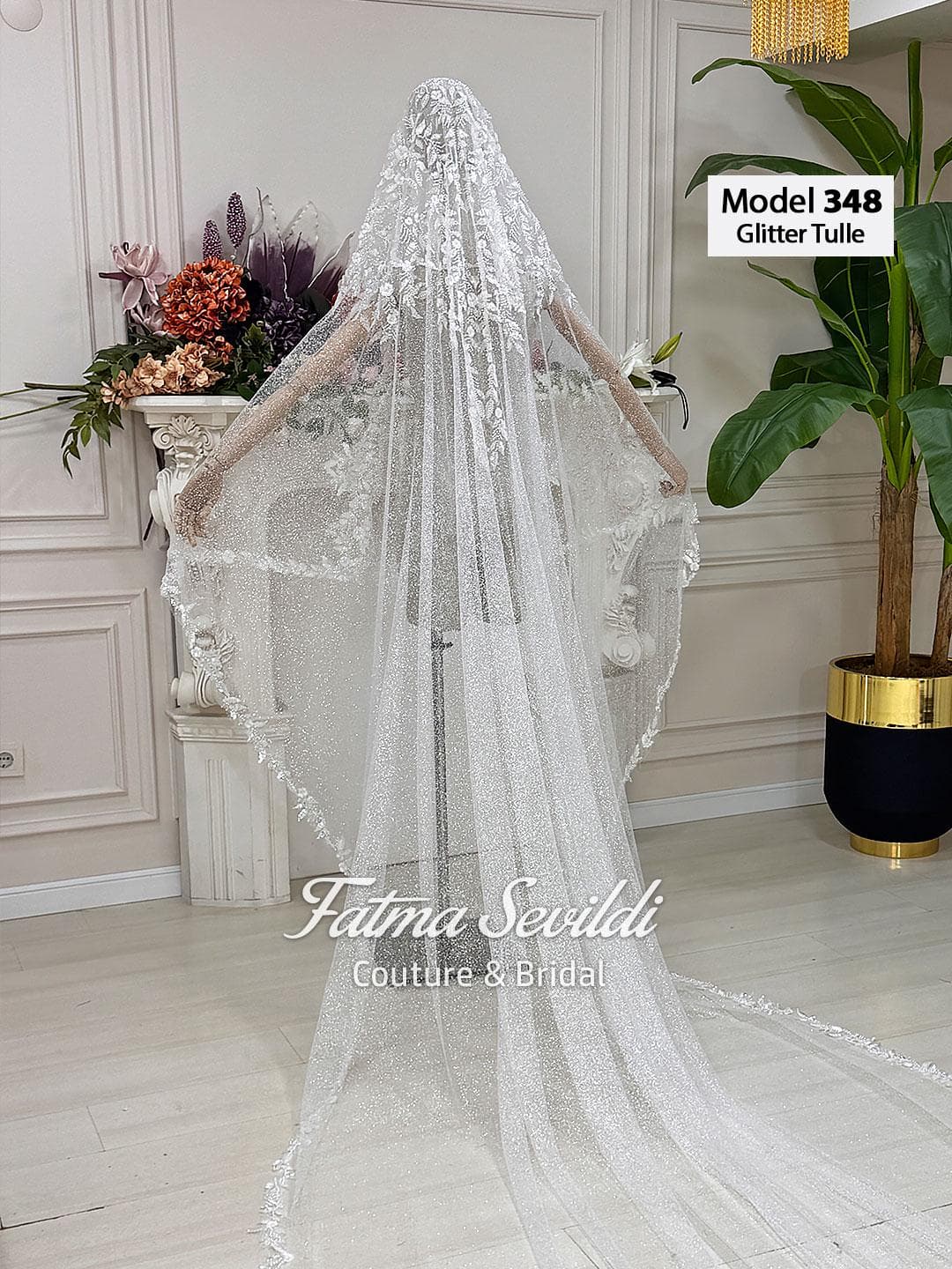 Glitter tulle cathedral bridal veil with beaded lace mantilla edge and hand-sewn appliqué for a luxury sparkle. Optional hijab head set and comb choice available.