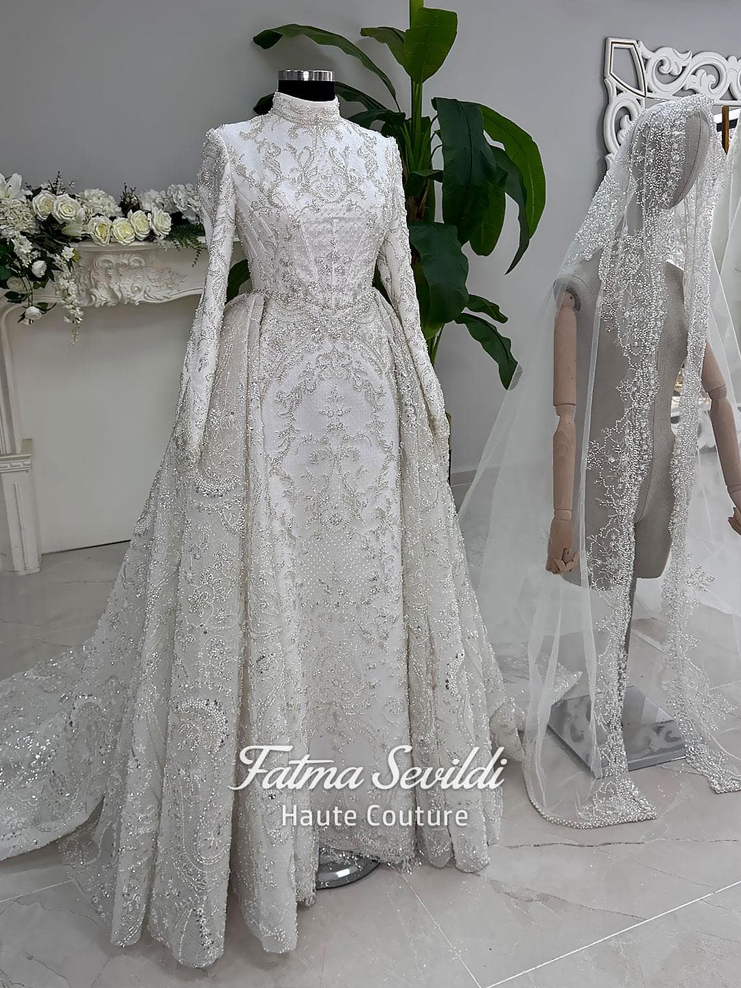 Fatma Sevildi Haute Couture hijab wedding dress, modest bridal gown with long sleeves, lace and beaded details, custom made Muslim wedding dress