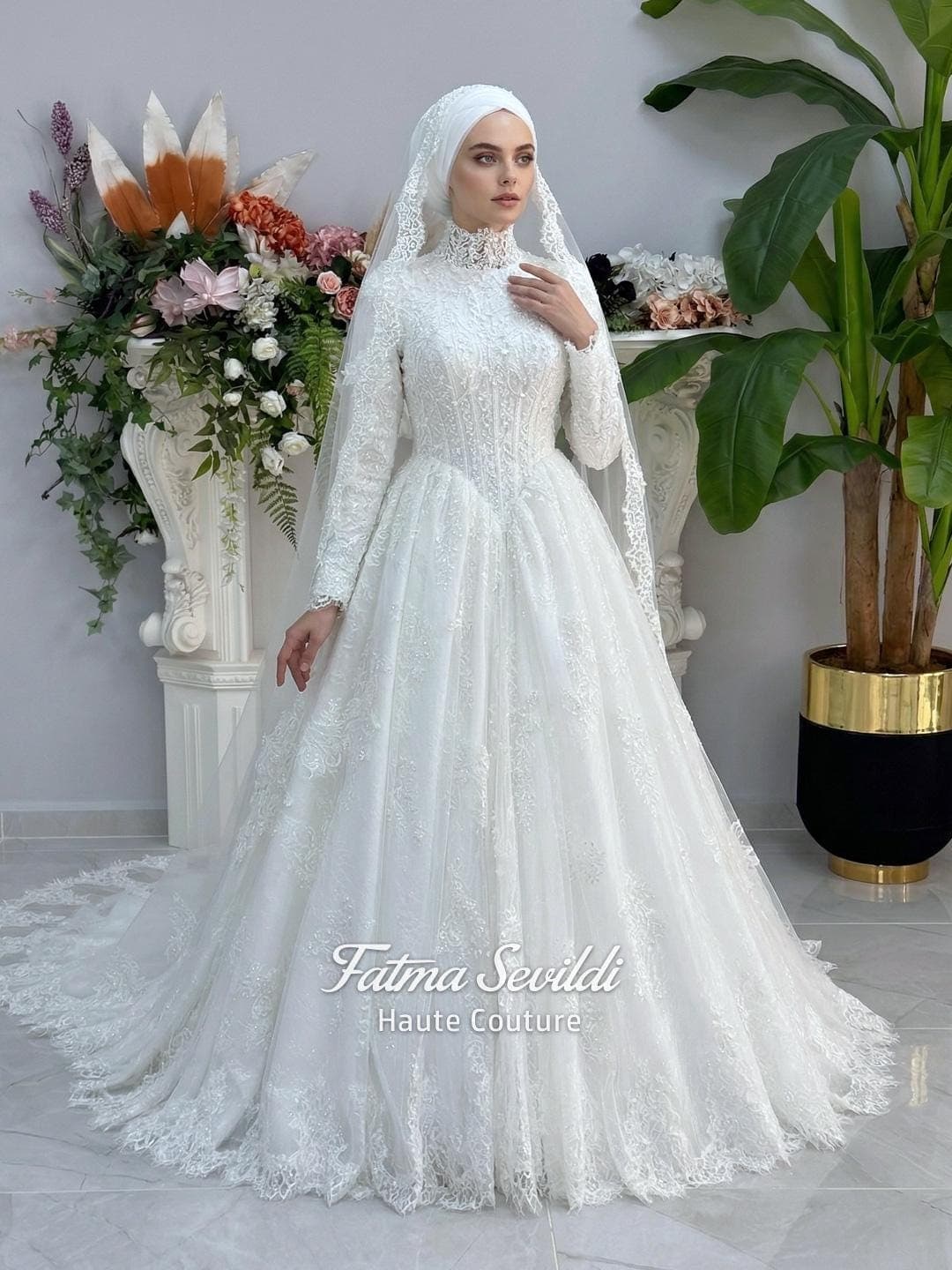 Beaded lace Corset Hijab Wedding Dress, Long Sleeve High Neck, Veiled Basque Lace Bridal