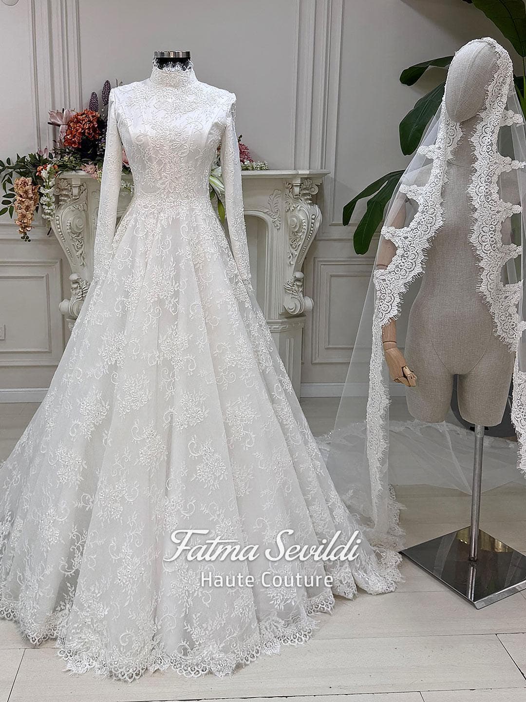 Modest Beaded Lace Wedding Dress with Hijab, High Neck Long Sleeve Islamic Gown