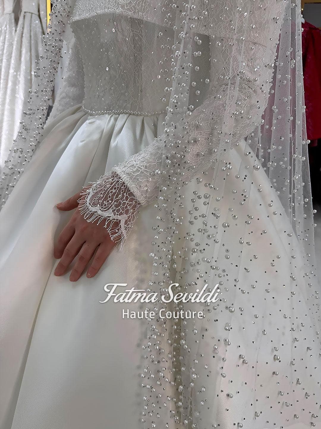 hijab wedding dress, modest wedding dress, veiled bridal gown, beaded lace gown, satin ballgown, high neck gown, long sleeve bride, couture bridal, lace veil included, pearl veil option, petticoat included, made to measure, custom modest dress